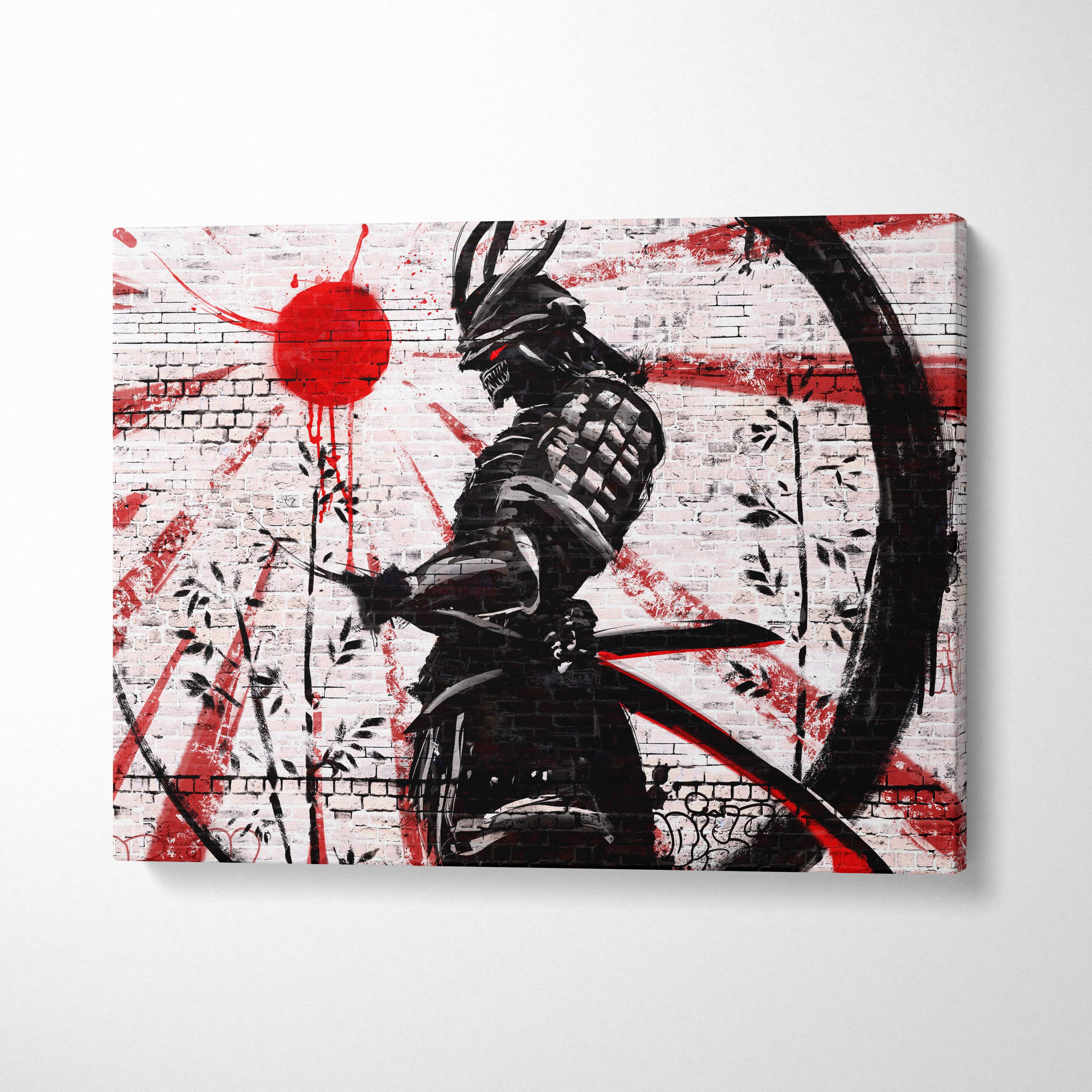 Black and red stylized samurai canvas print with graffiti design and rising sun spray paint background on grunge brick wall