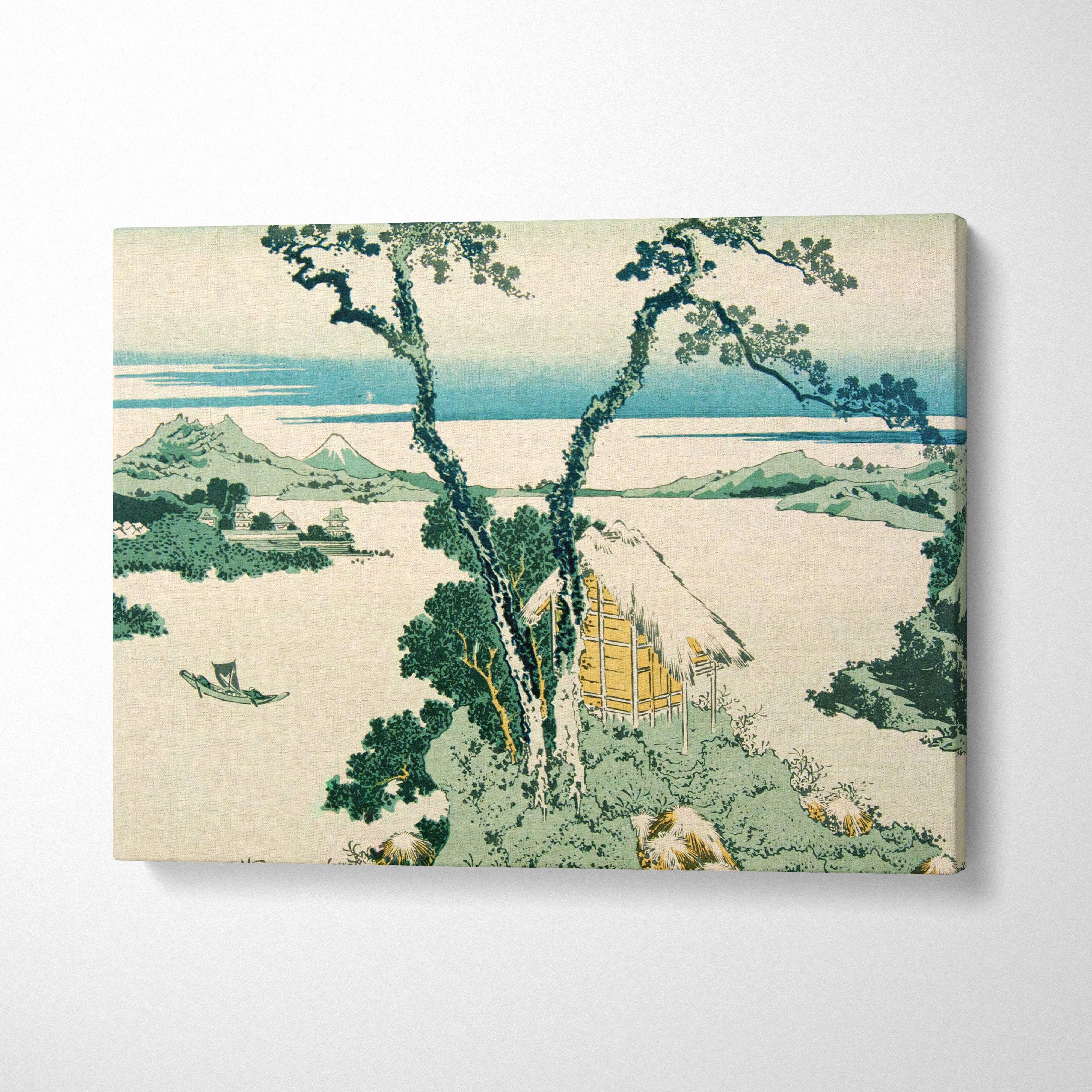 Vintage japanese lake landscape canvas wall art with green blue ukiyo-e style trees mountains and thatched hut by water