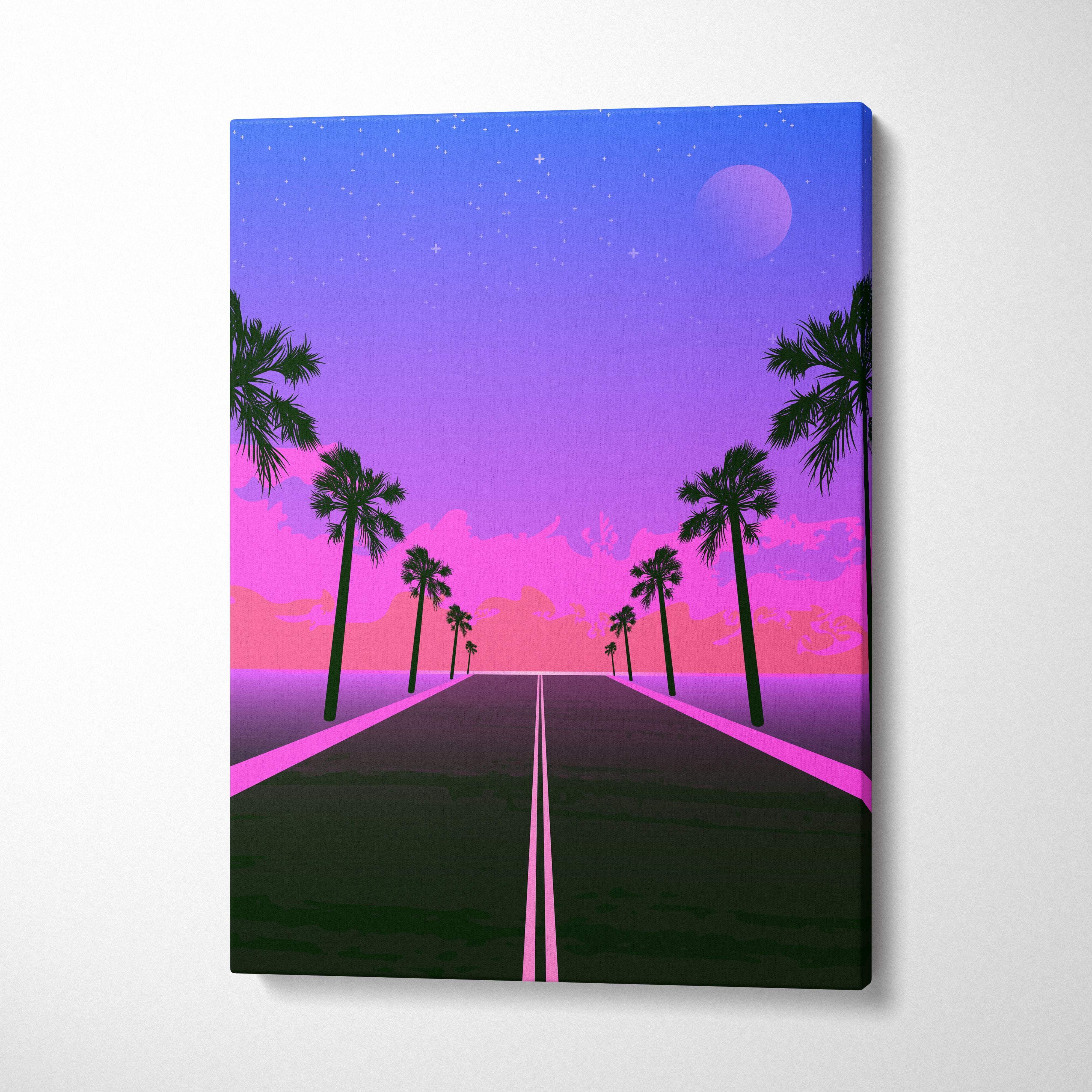 Retrowave neon palm highway canvas art print featuring a vibrant pink and purple retro road with palm trees under a starry sky