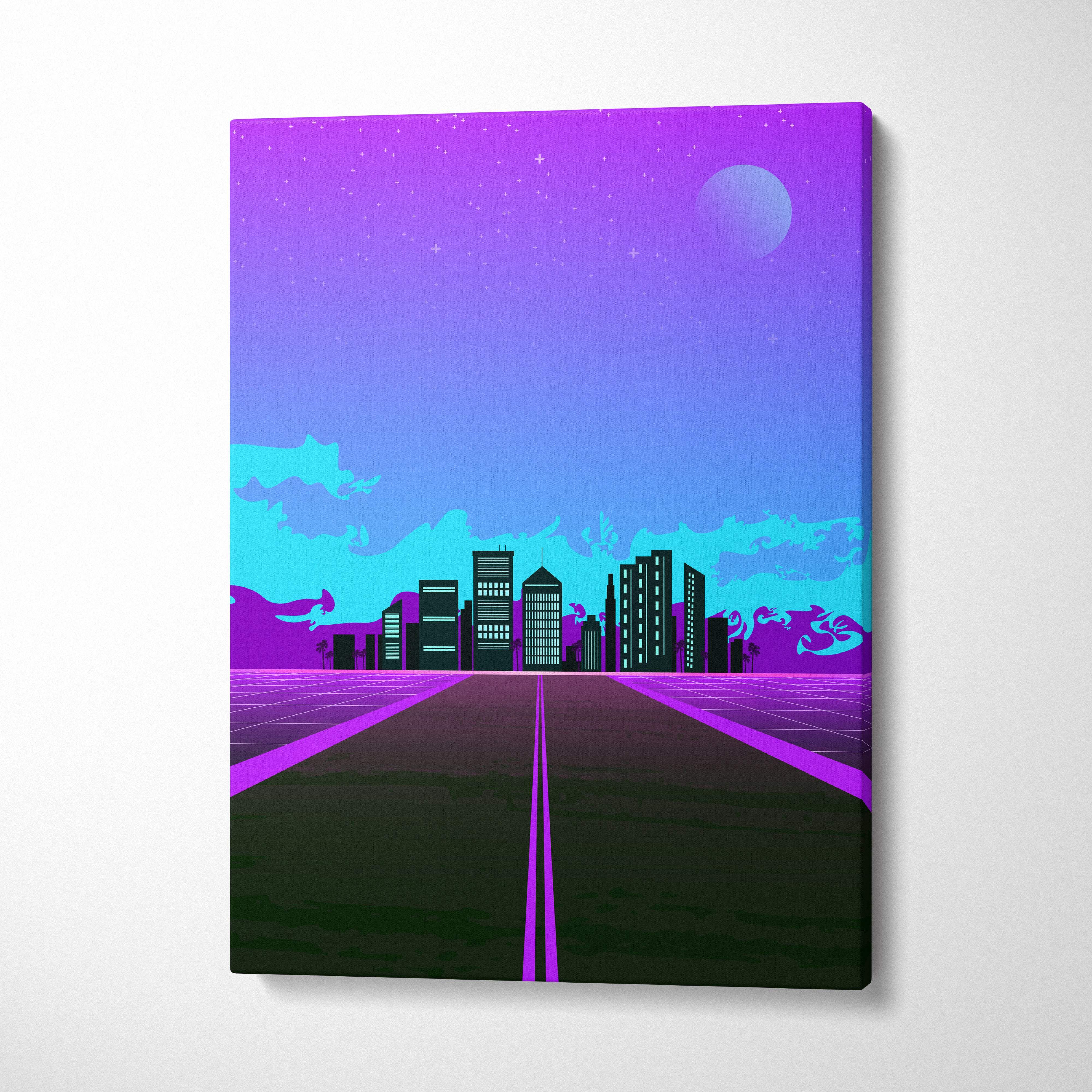 Retrowave neon city road canvas art print with vibrant purple blue gradient depicting a futuristic synthwave skyline