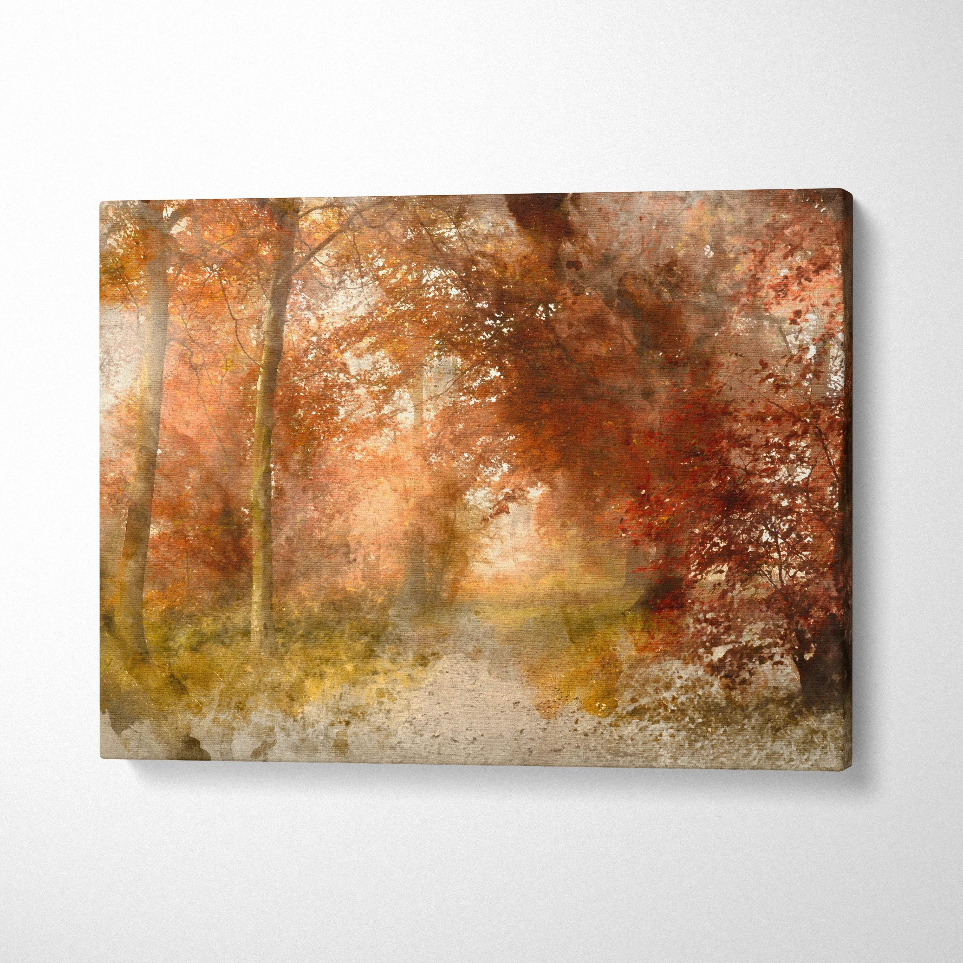 Autumn forest watercolor canvas wall art in warm amber rust golden tones