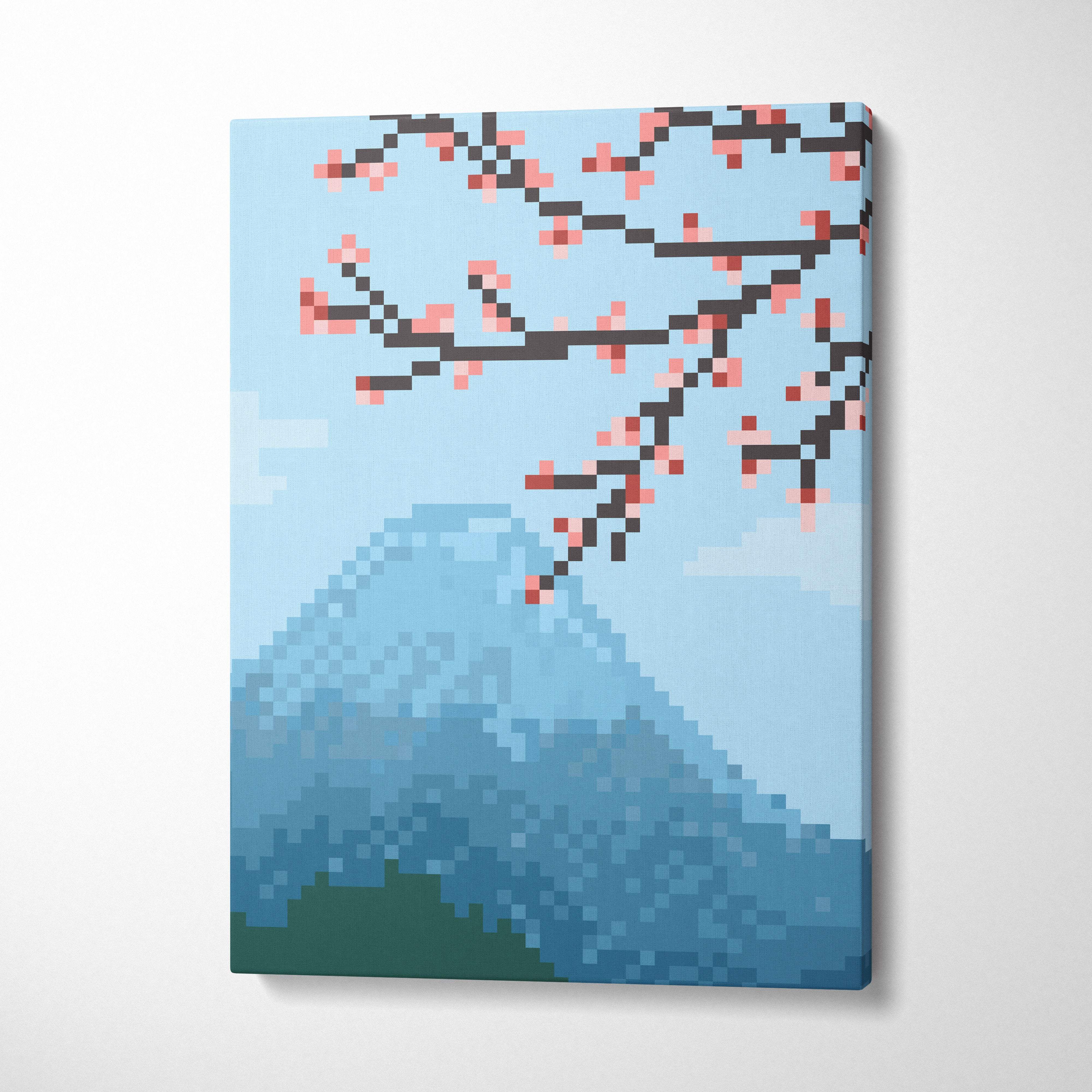 Pixel art canvas print of cherry blossoms above a stylized mountain in soft blue and pink for serene wall decor