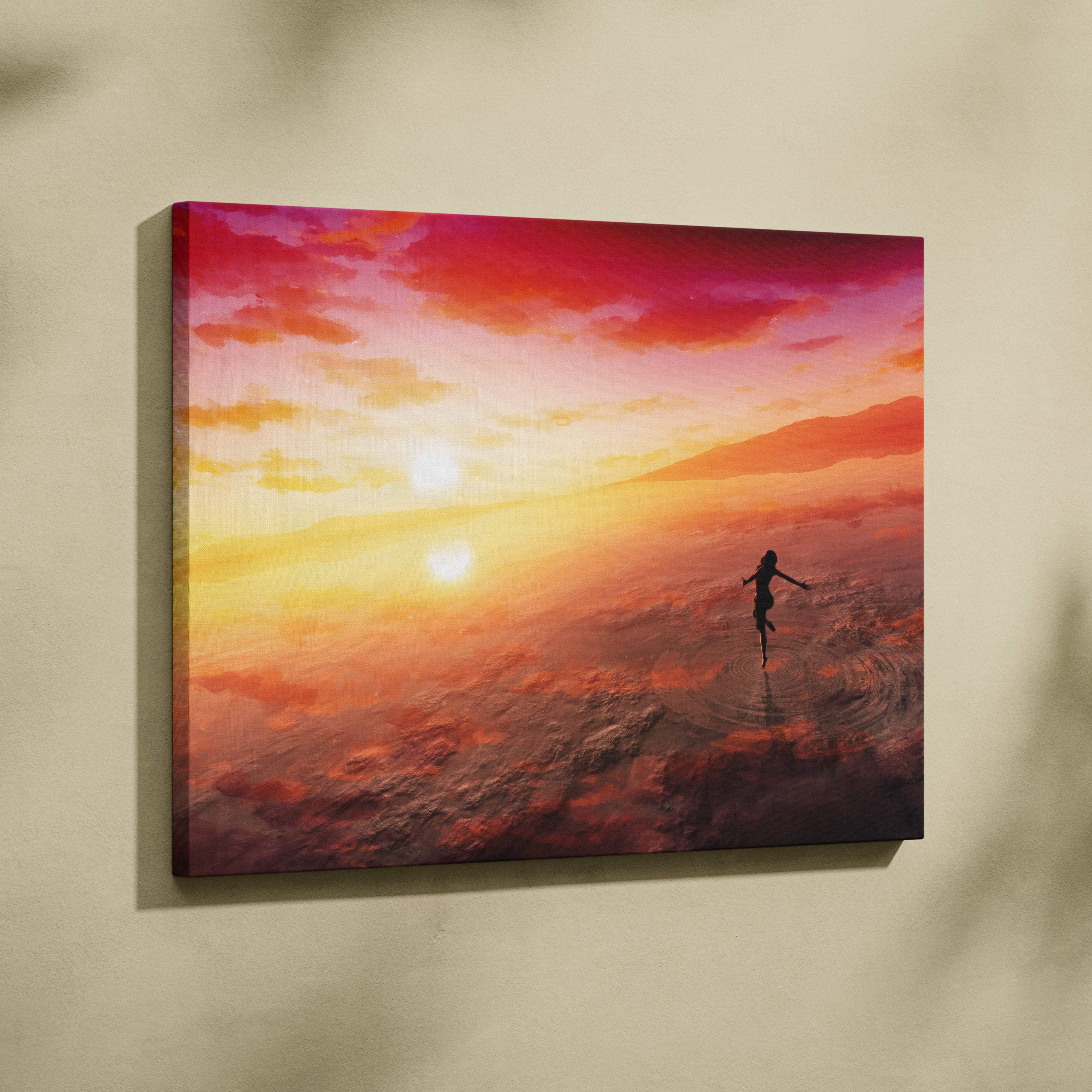 Vibrant canvas wall art print of a silhouette jumping against a fiery orange red sunset for warm boho bedrooms
