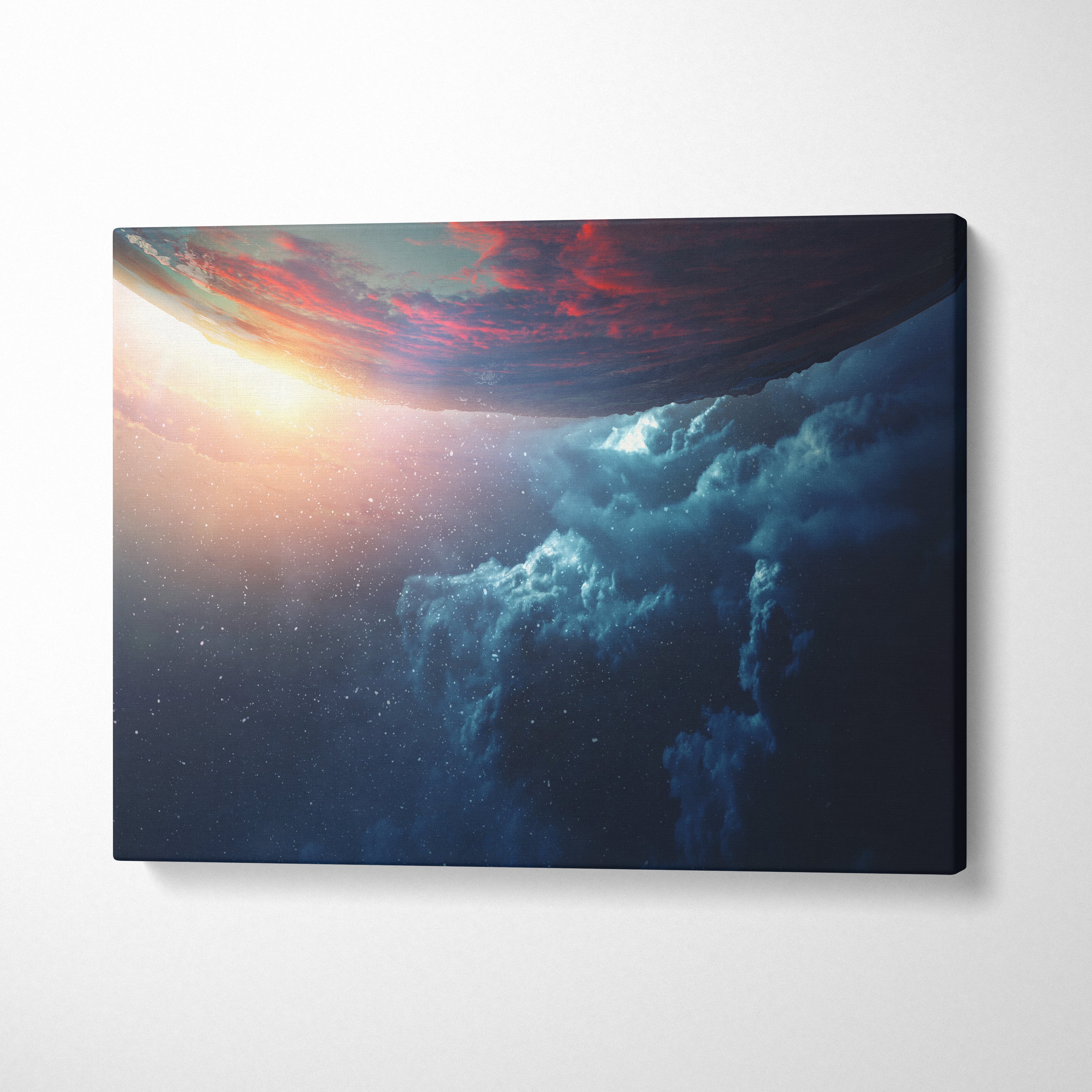 Rectangular cosmic ocean sky canvas print with swirling blue and red clouds and radiant sunburst for modern bedroom decor