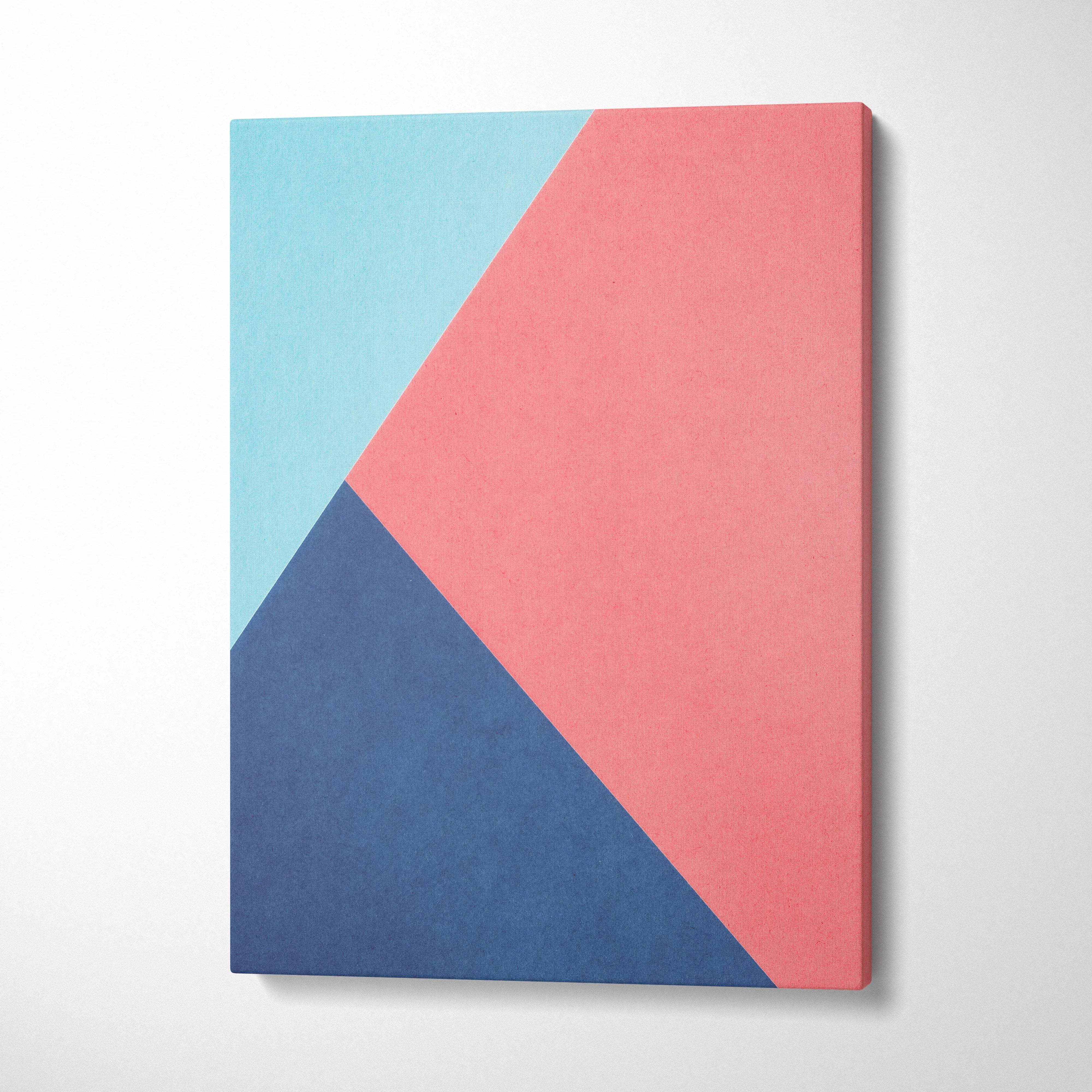 Minimalist geometric diagonal block canvas wall art in pastel blue, coral pink, navy