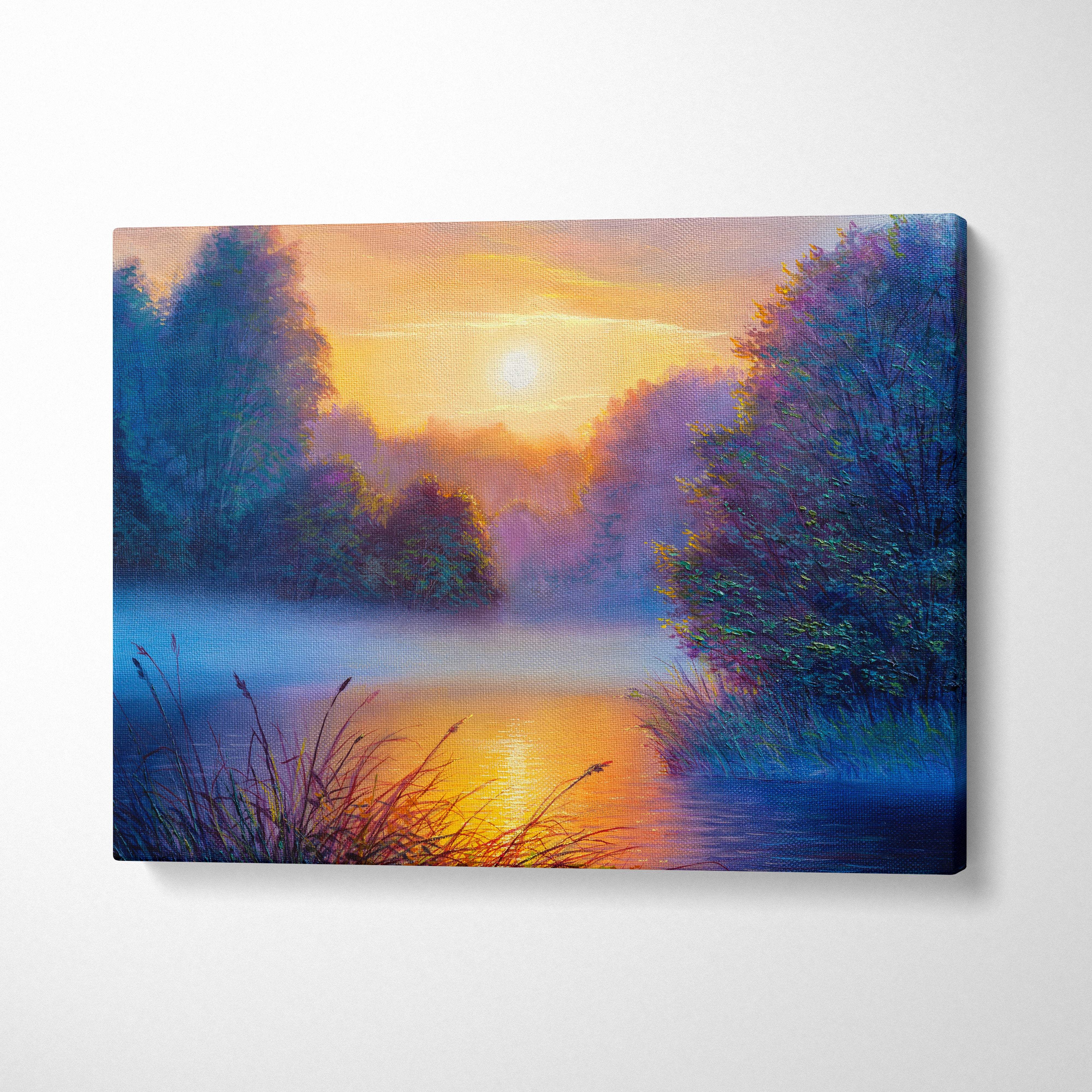 A vibrant canvas print of misty sunrise lake painting with blue and purple trees and golden light reflection