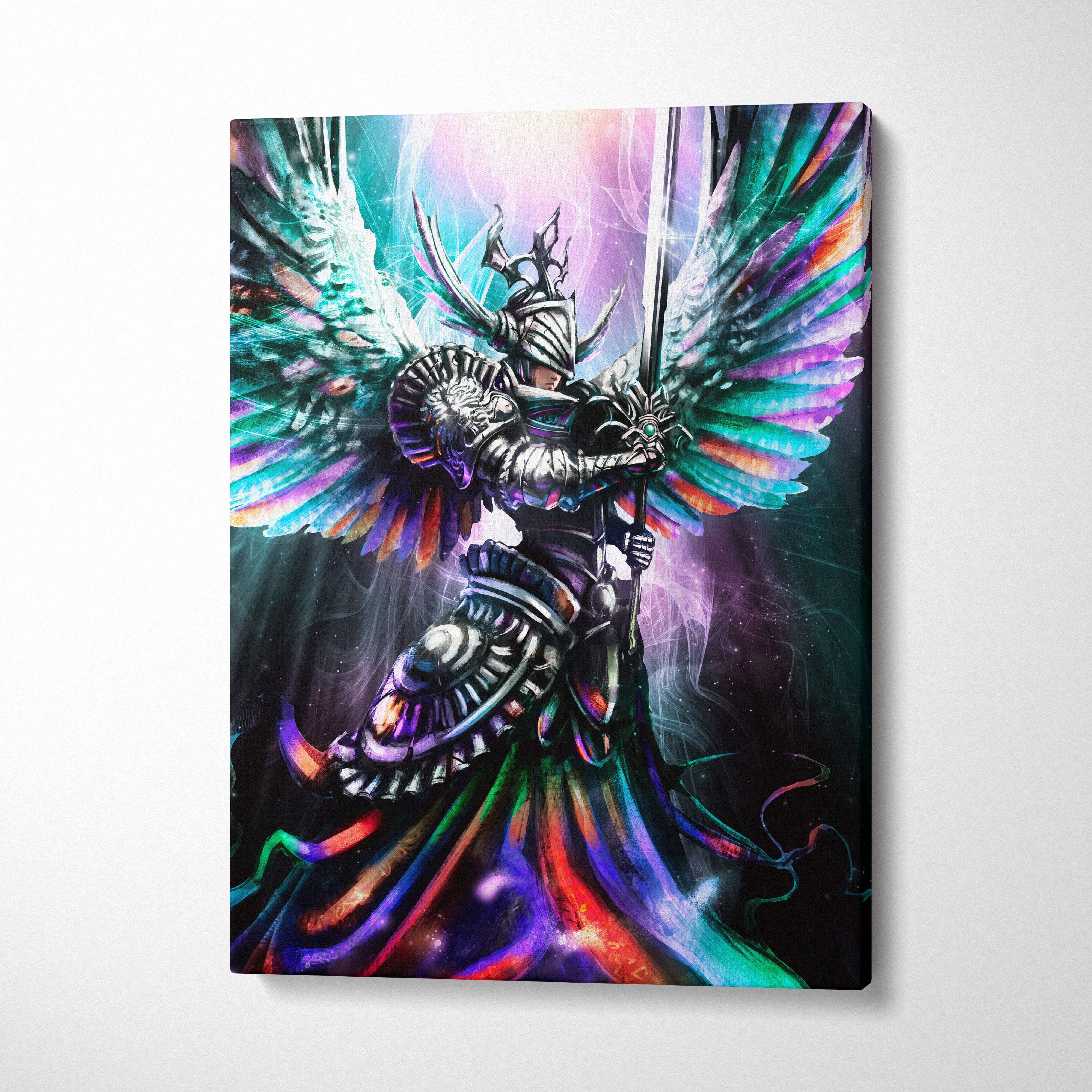 Celestial prism guardian canvas art featuring vibrant iridescent winged warrior with metallic armor and cosmic colors