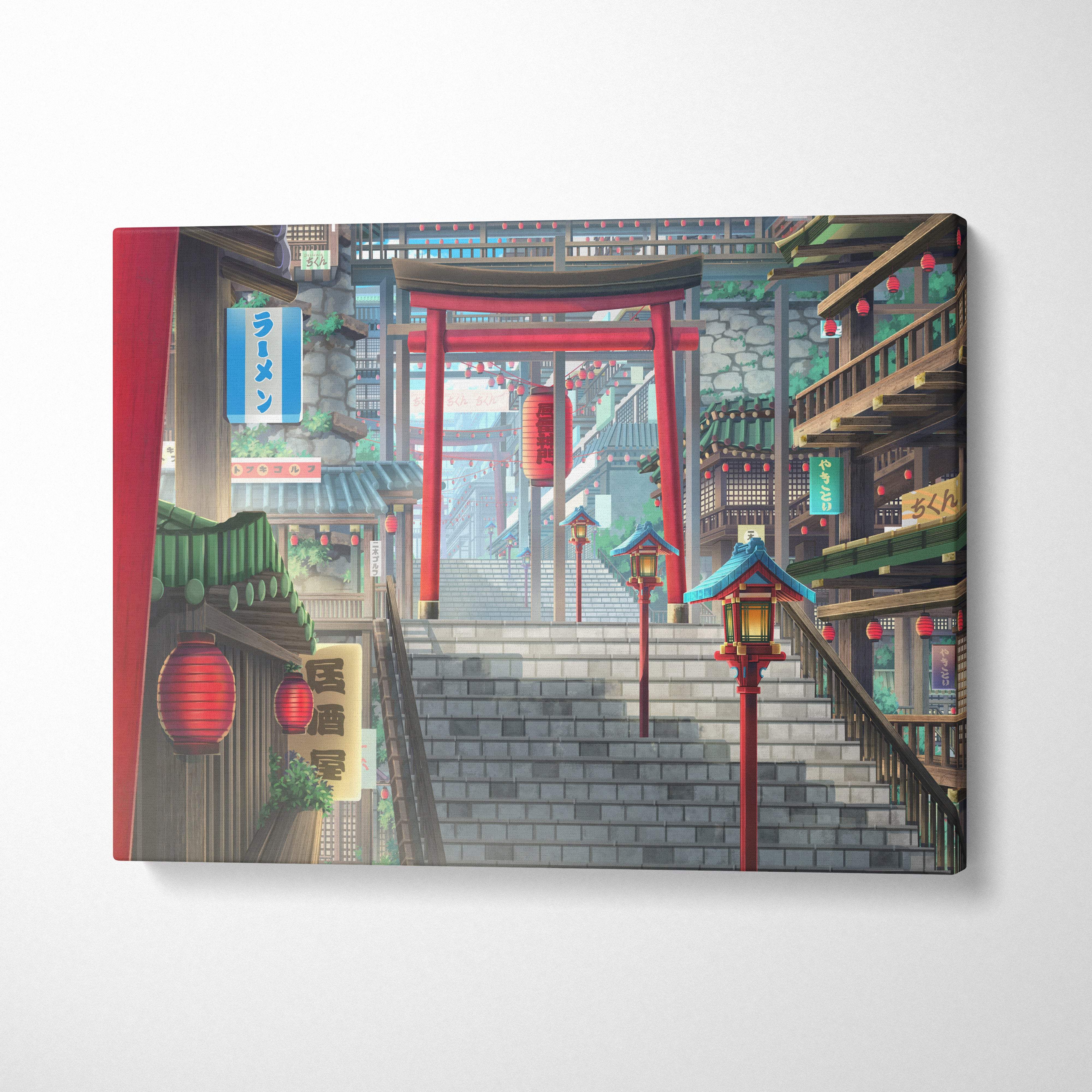 Japanese anime street canvas wall art print featuring red torii gates lanterns wooden buildings for modern interiors
