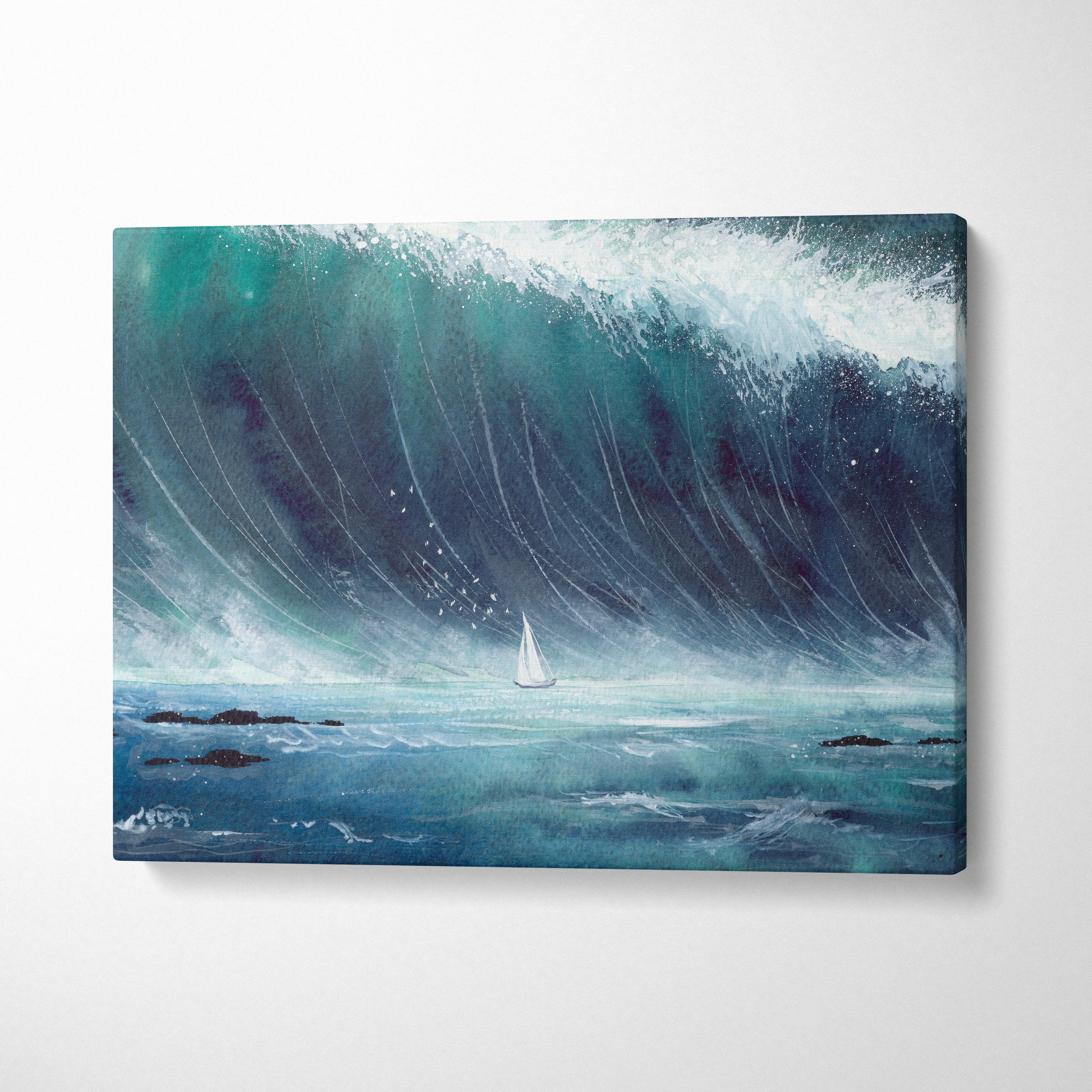 A canvas painting of a lone white sailboat on teal and deep blue ocean waves under an impending storm