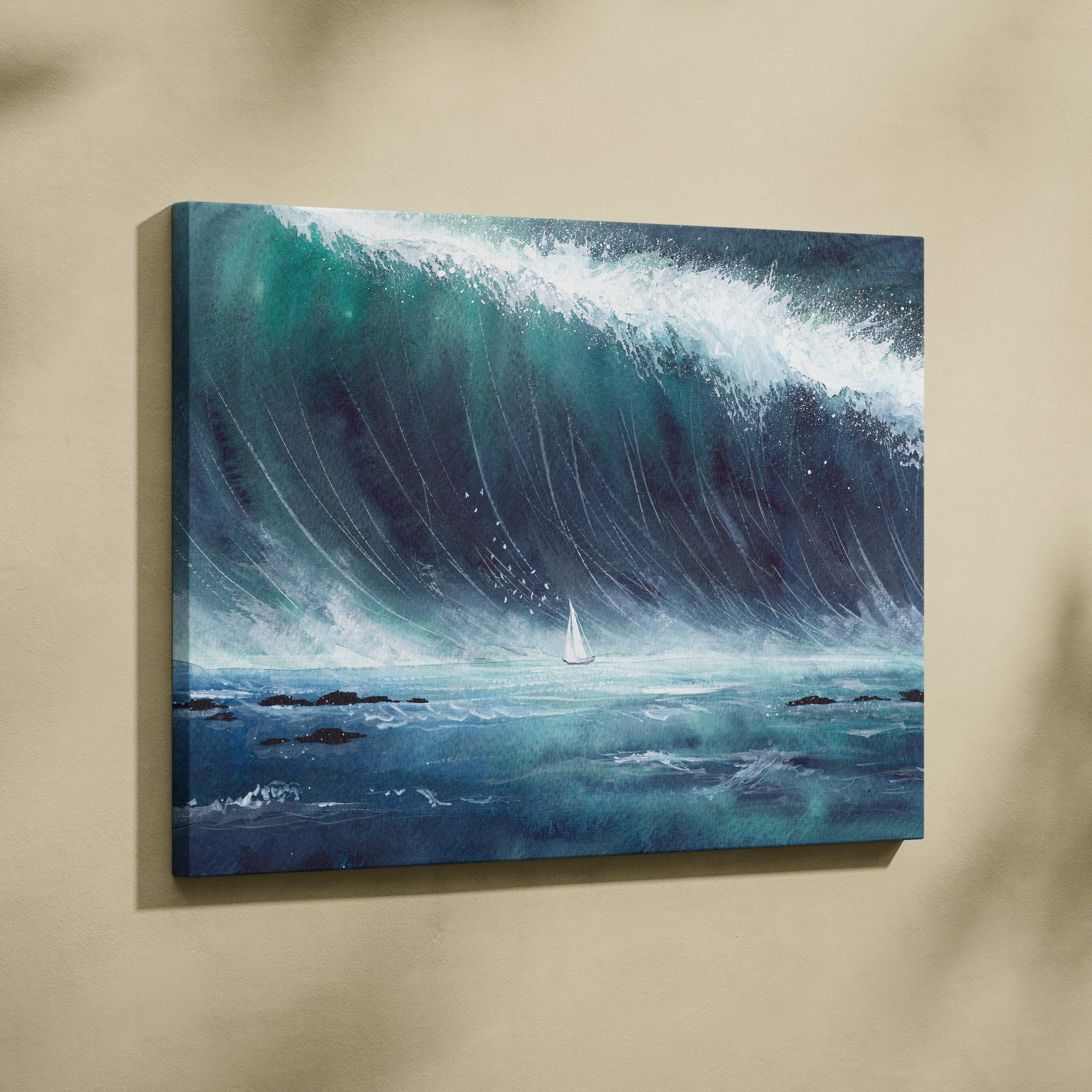 Abstract ocean wave canvas art showing a dramatic teal and white wave with a small sailboat in deep blue sea waters