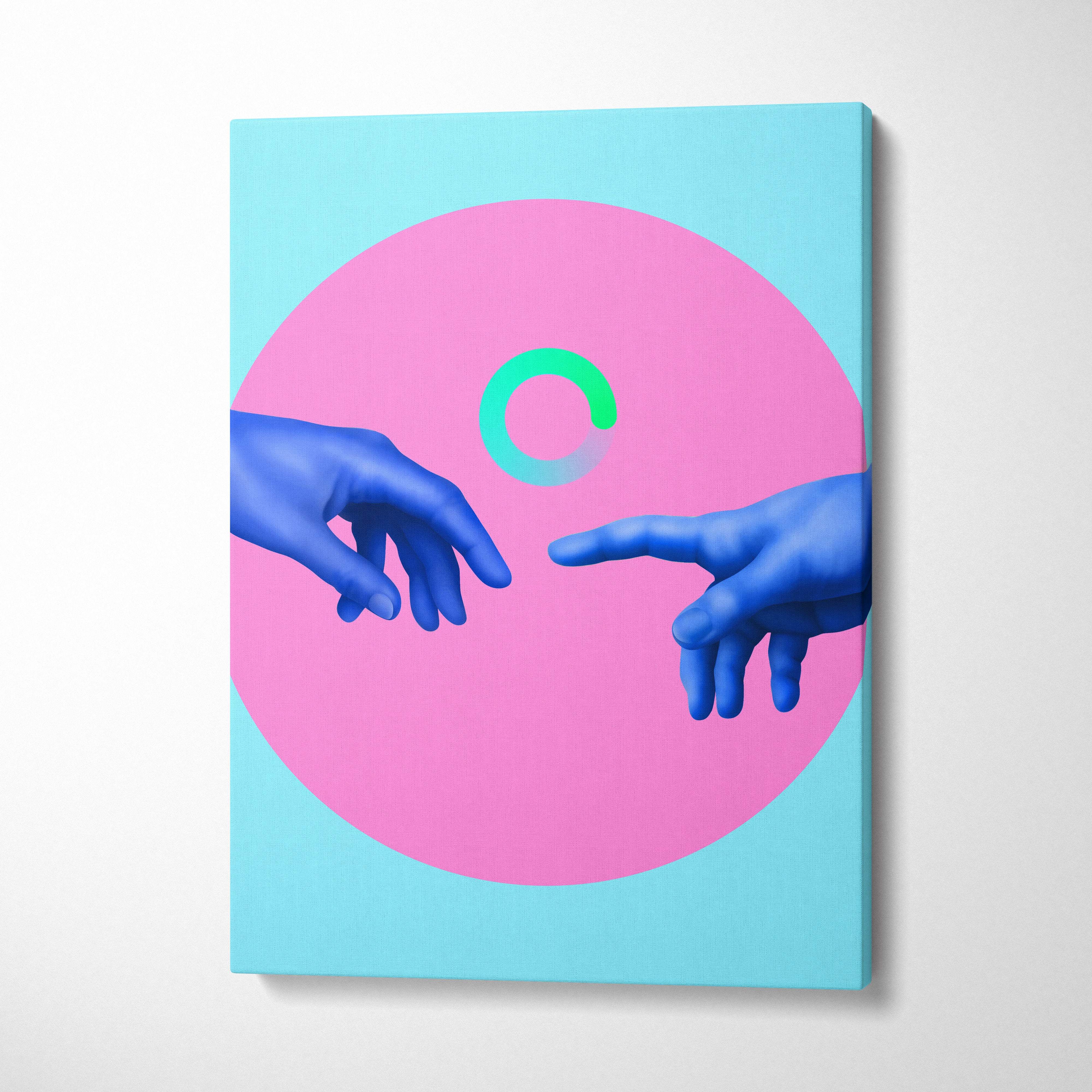 Contemporary blue hands canvas wall art with stylized blue hands and pink aqua abstract design on turquoise background