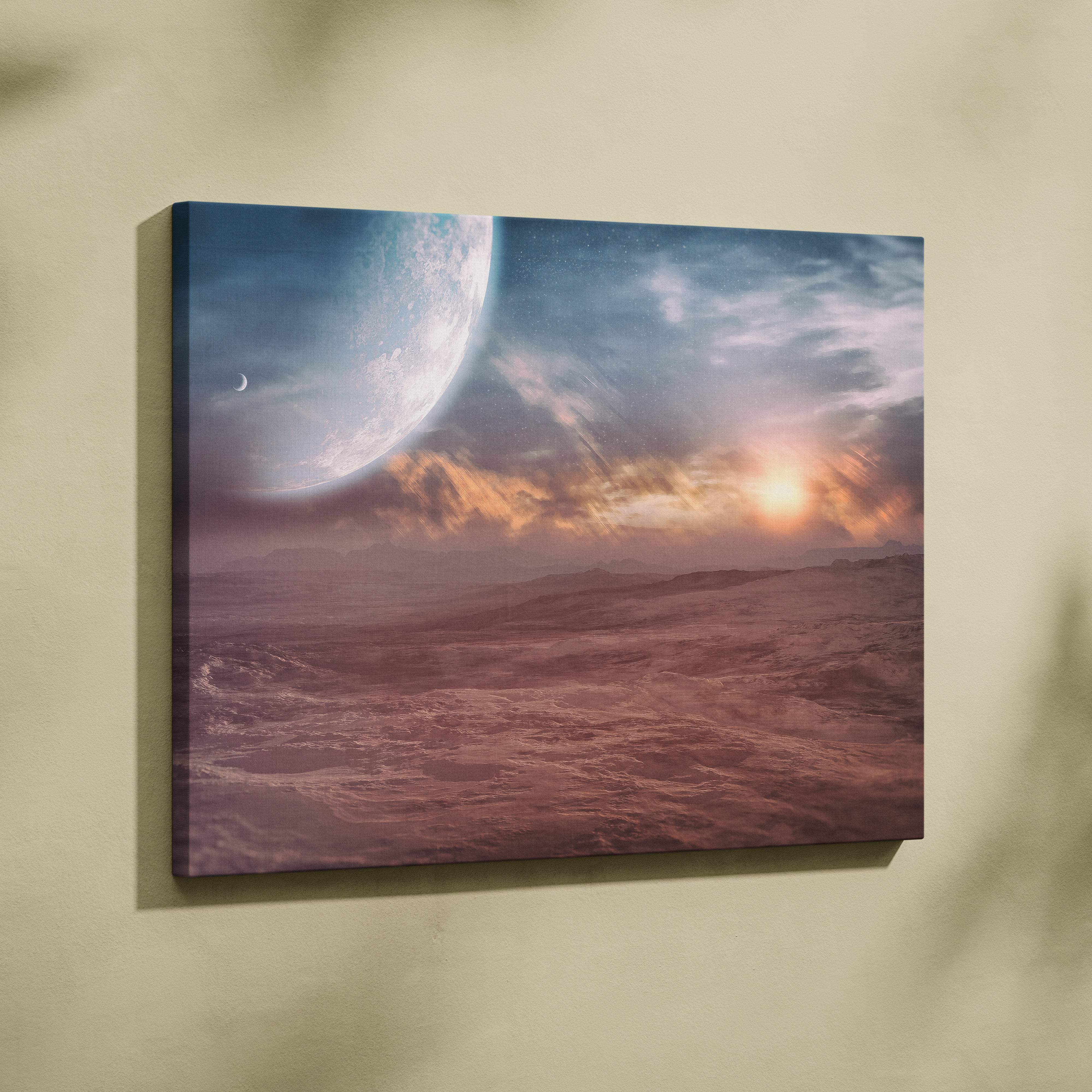 Rectangular canvas print of a surreal alien landscape with a large blue planet orange sunset clouds and distant mountains