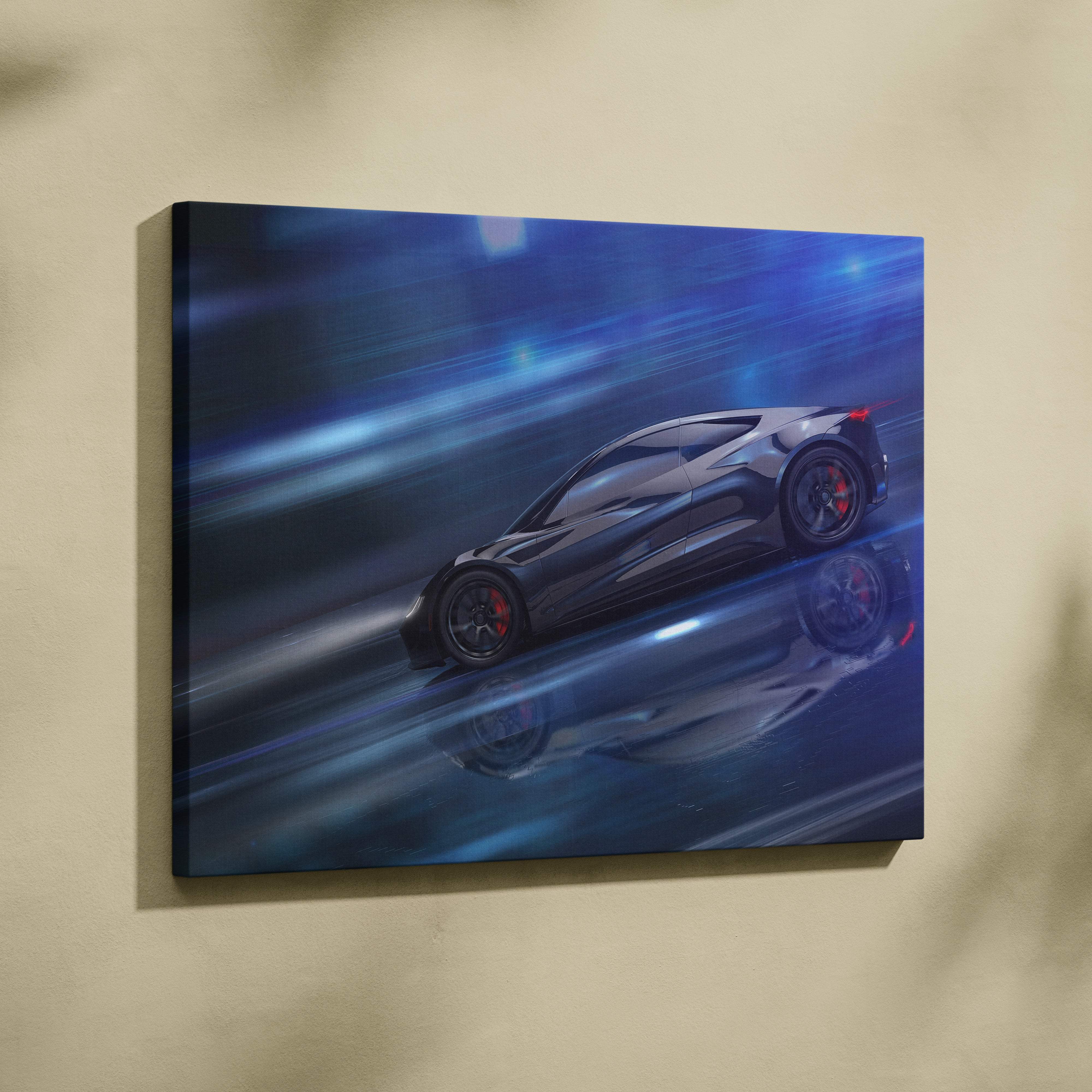 Black sports car canvas wall art print with glossy finish red wheels and blue motion blur for modern interiors