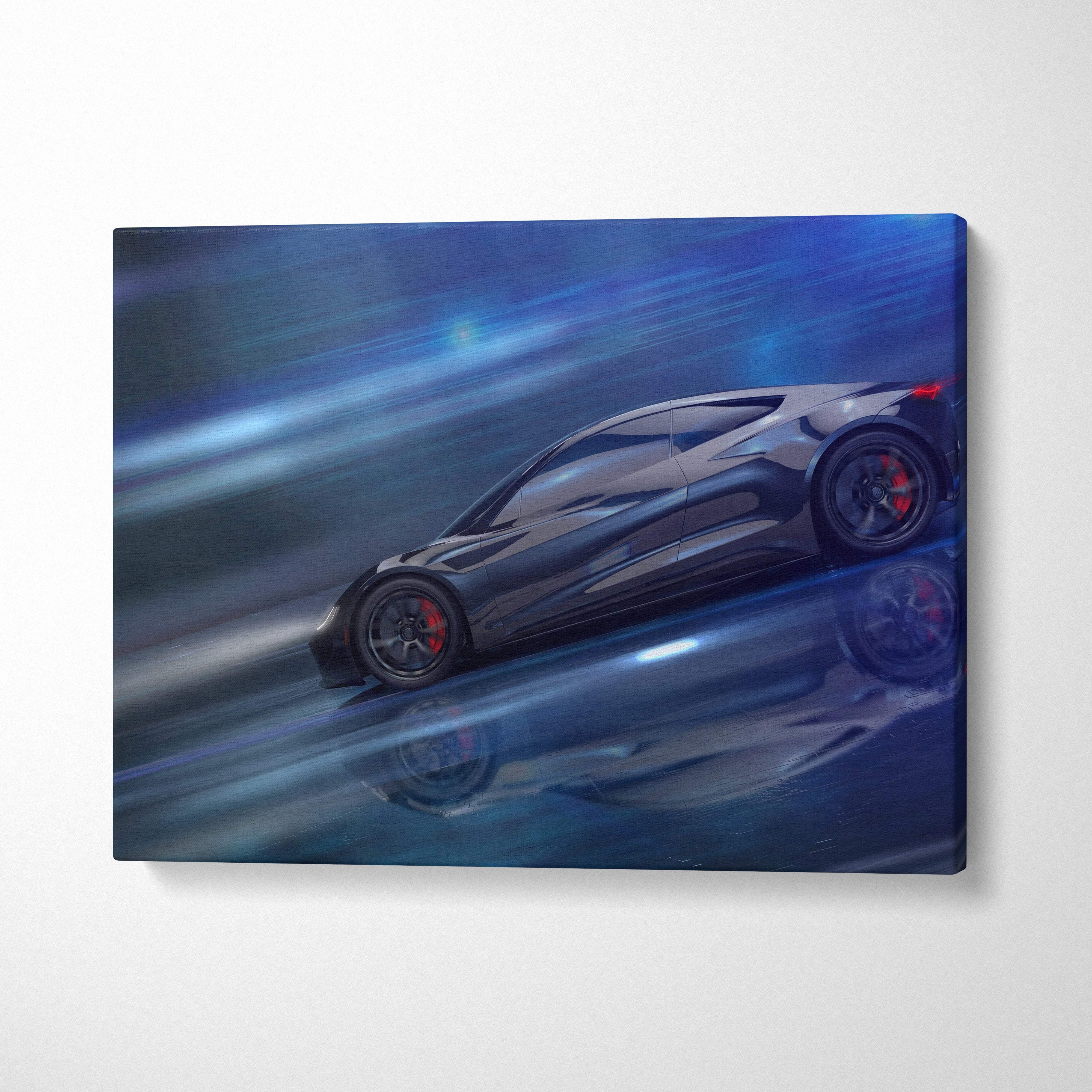 Black matte-finish sports car canvas wall art with red brake calipers and blue motion blur for modern interiors