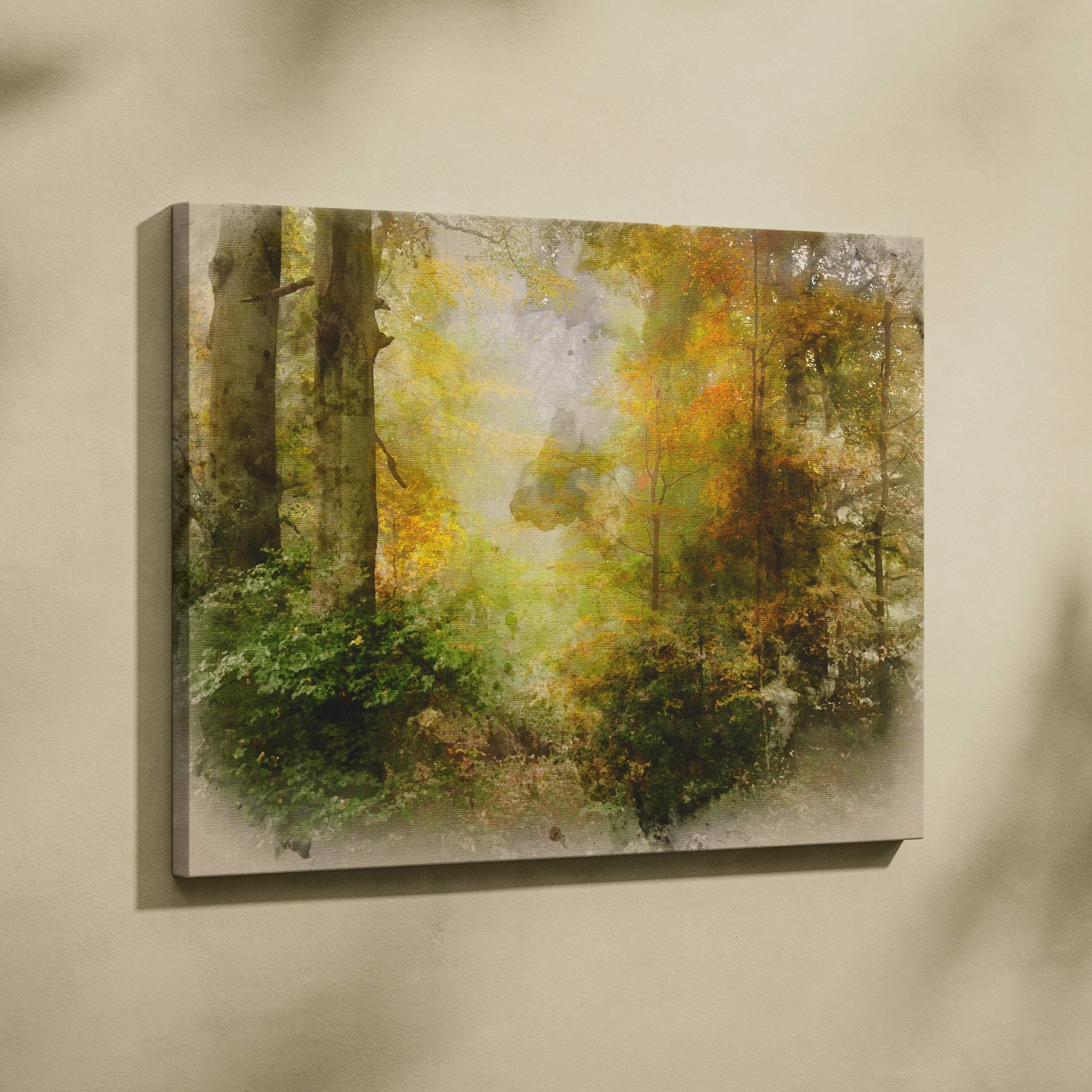 Lush watercolor forest canvas print with misty trees and gold green autumn foliage