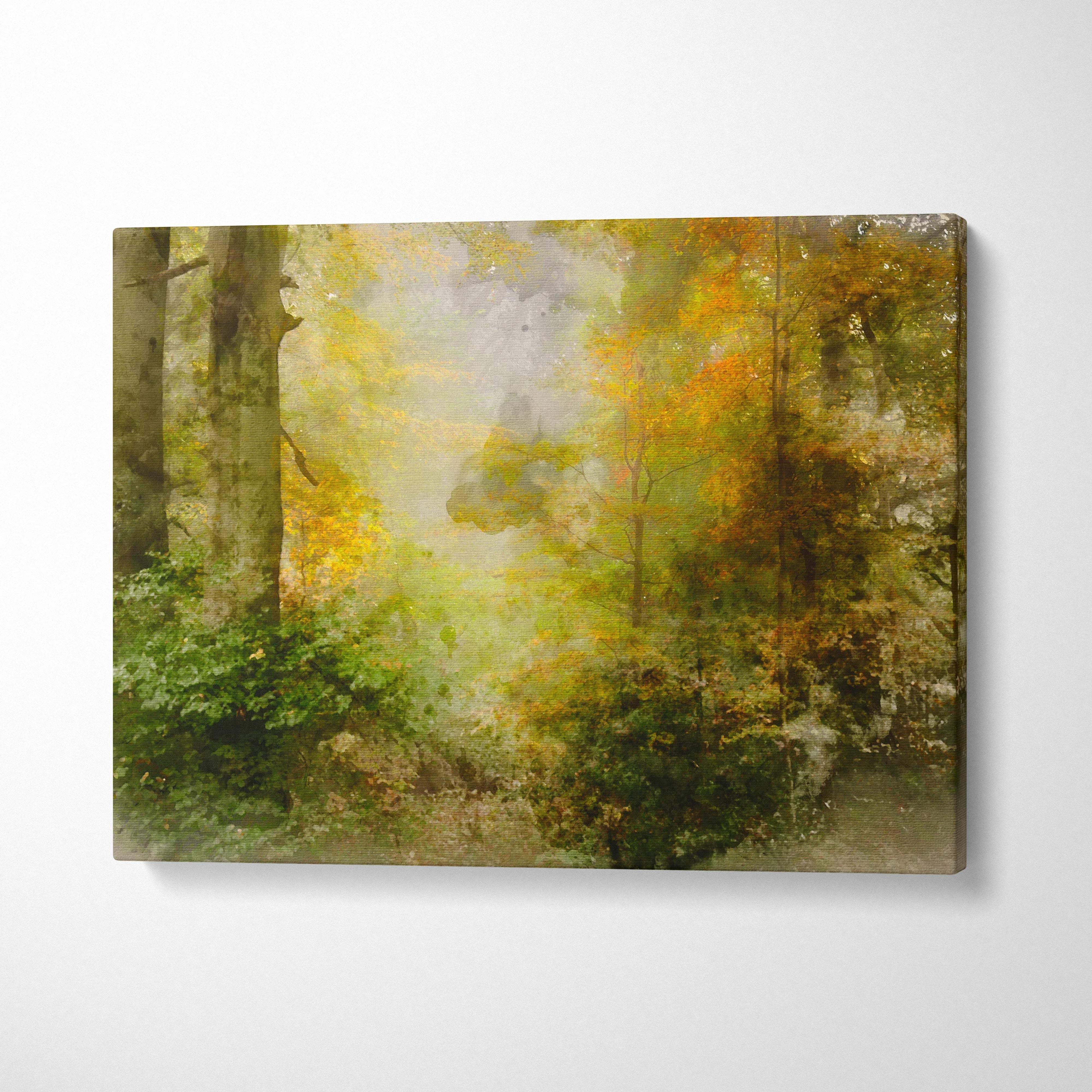 Lush misty forest in expressive watercolor style with green gold autumn tones canvas art