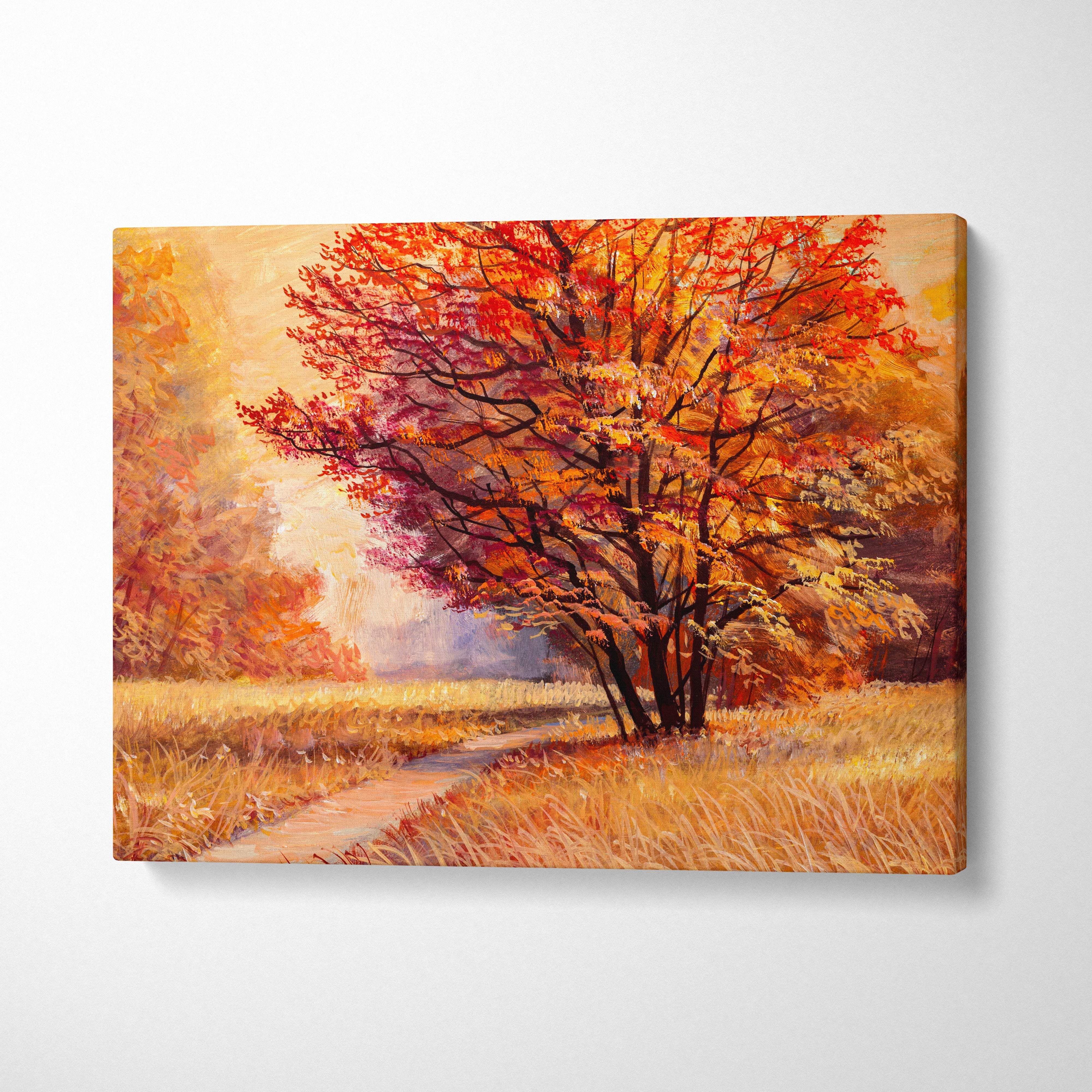 Autumn tree painting style wall art canvas print featuring fiery red and orange leaves with golden fields and warm tones