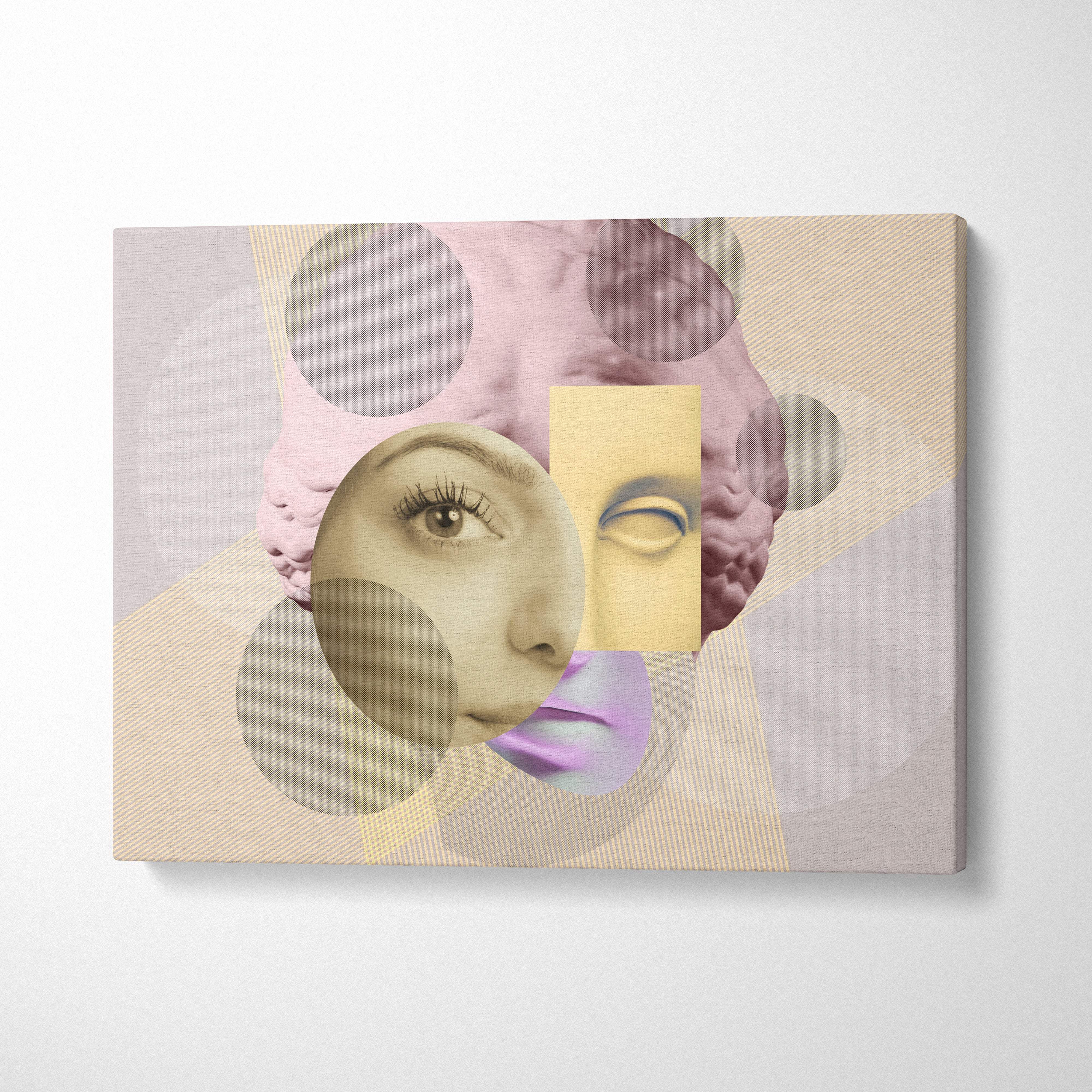 Surreal face collage canvas wall art print with pastel tones and textured beige background for modern bedroom decor