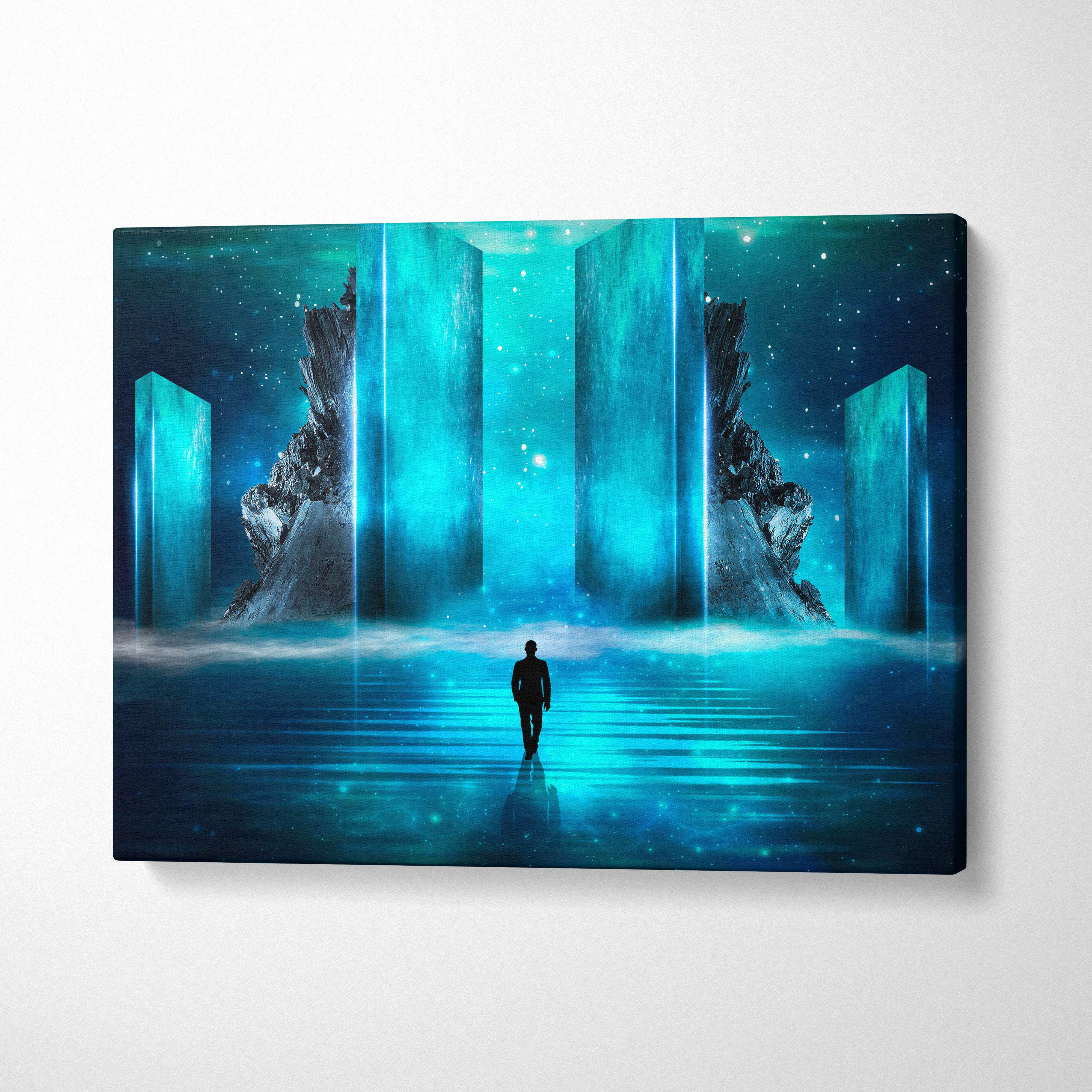A rectangular canvas print featuring a solitary figure walking toward glowing blue portal structures under a starry sky