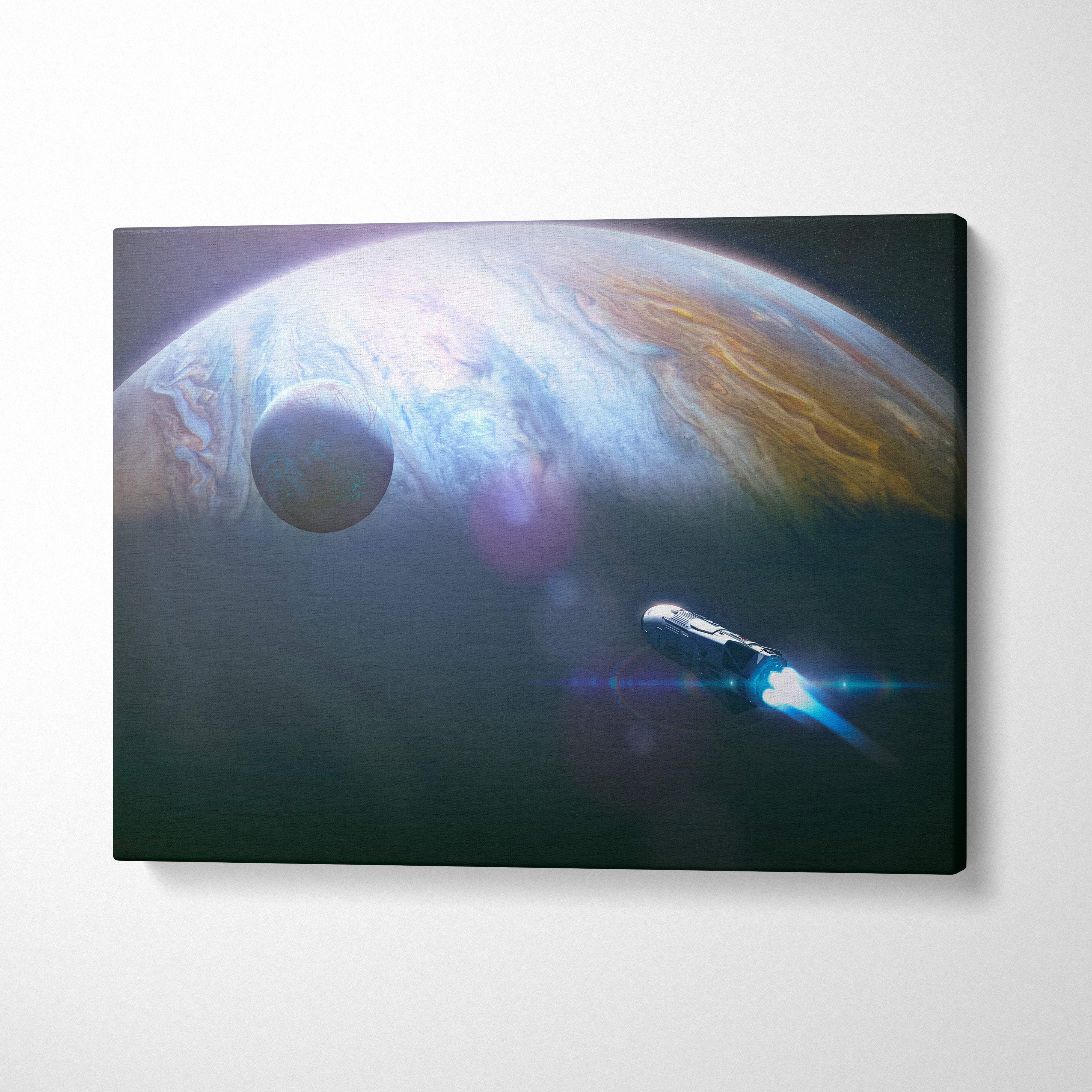Futuristic spacecraft orbit canvas wall art showing a rocket speeding past jupiter with swirling blue white and orange clouds