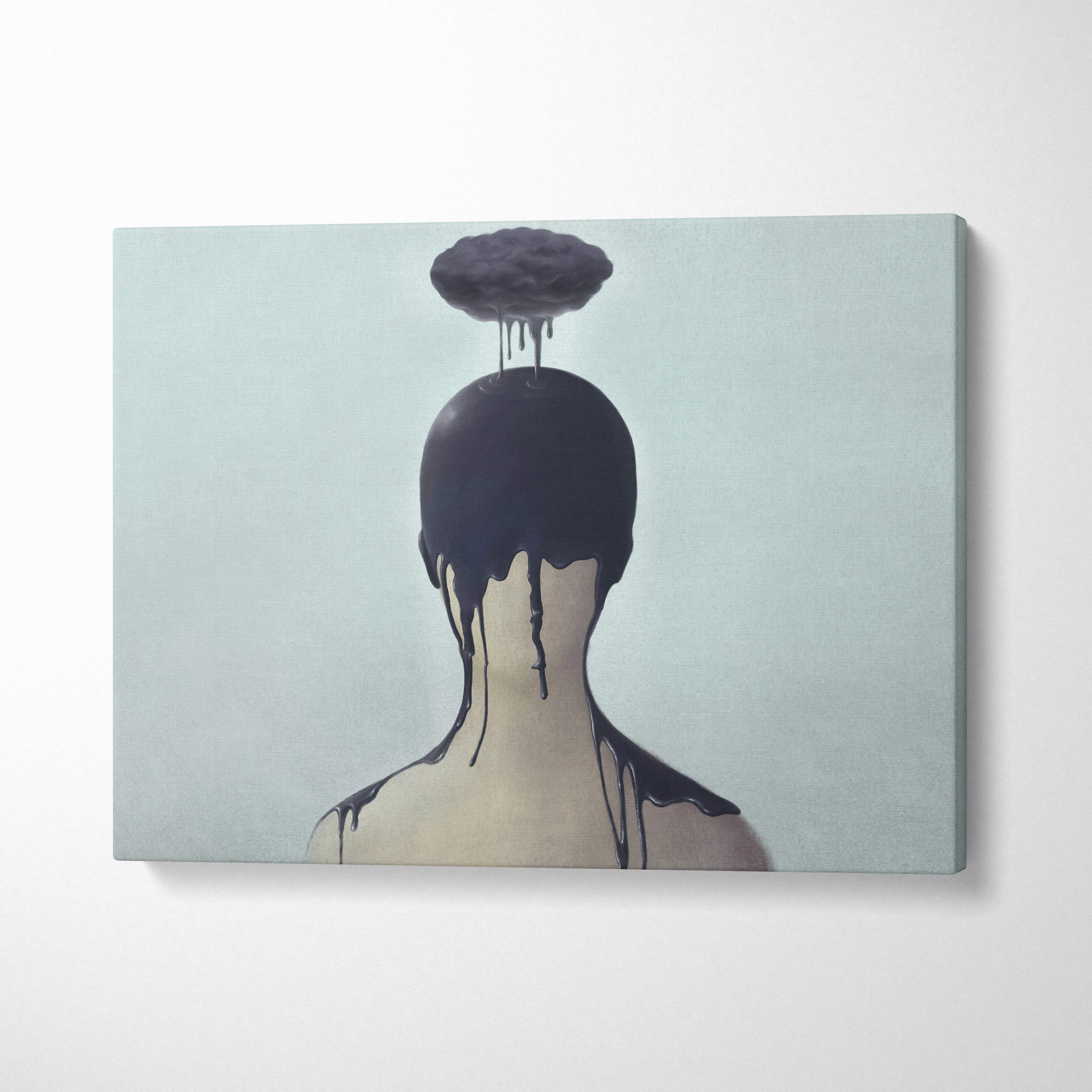 Contemporary dark cloud canvas wall art featuring a surreal moody black dripping figure on pale blue background