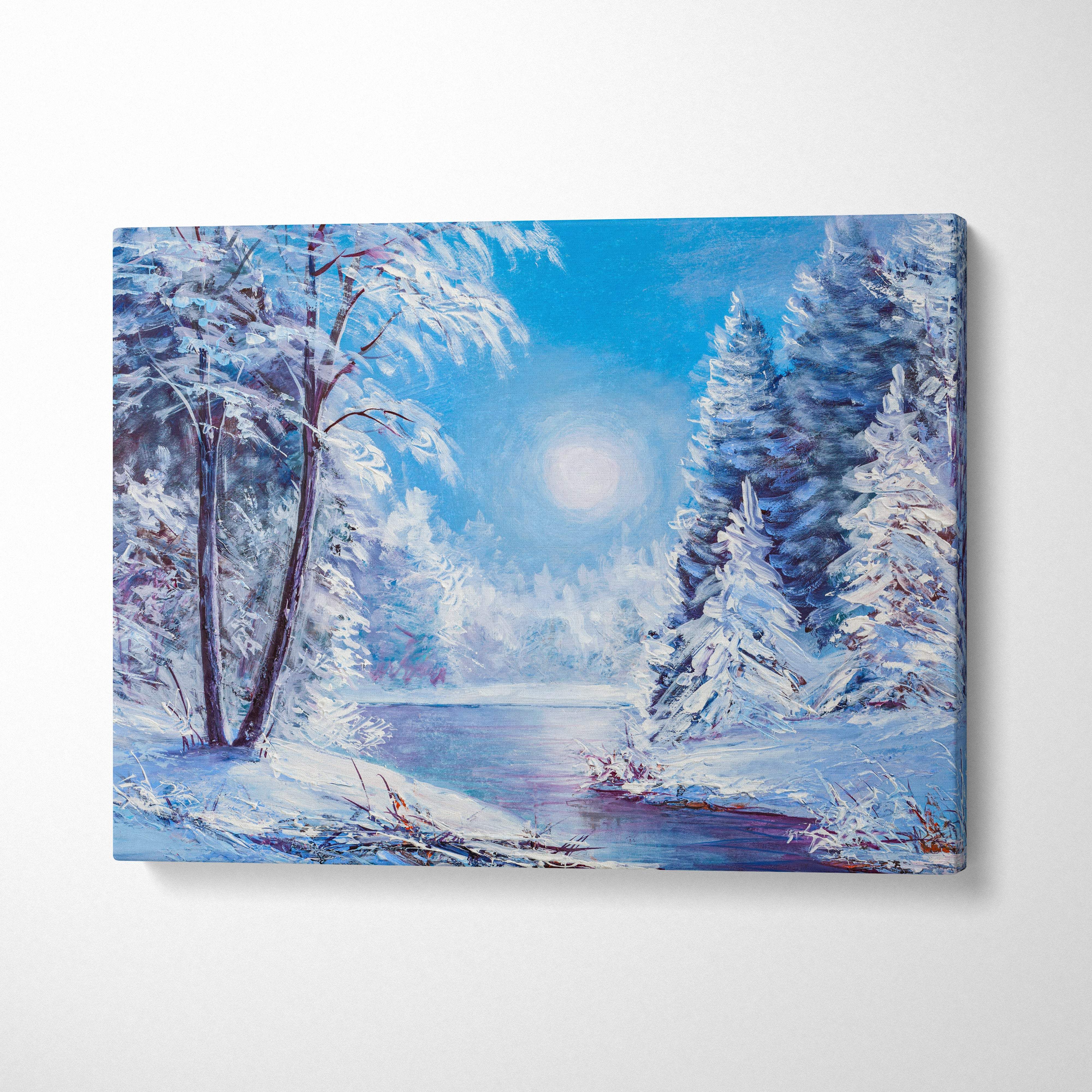 Winter river painting style wall art canvas print featuring snowy forest landscape with icy water and blue sky