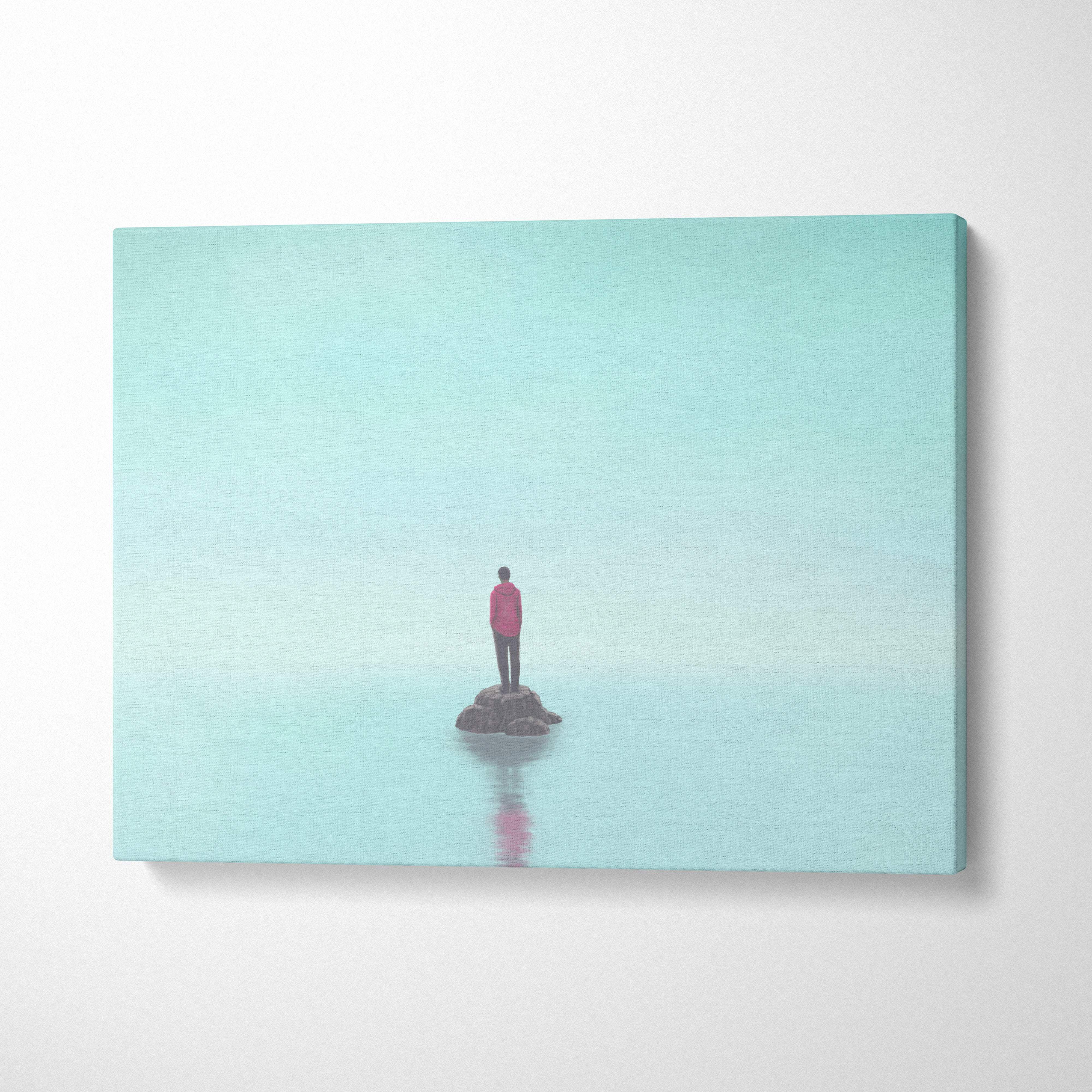 Contemporary lone figure canvas wall art featuring a minimalist red jacket figure on dark rock with aqua gradient background