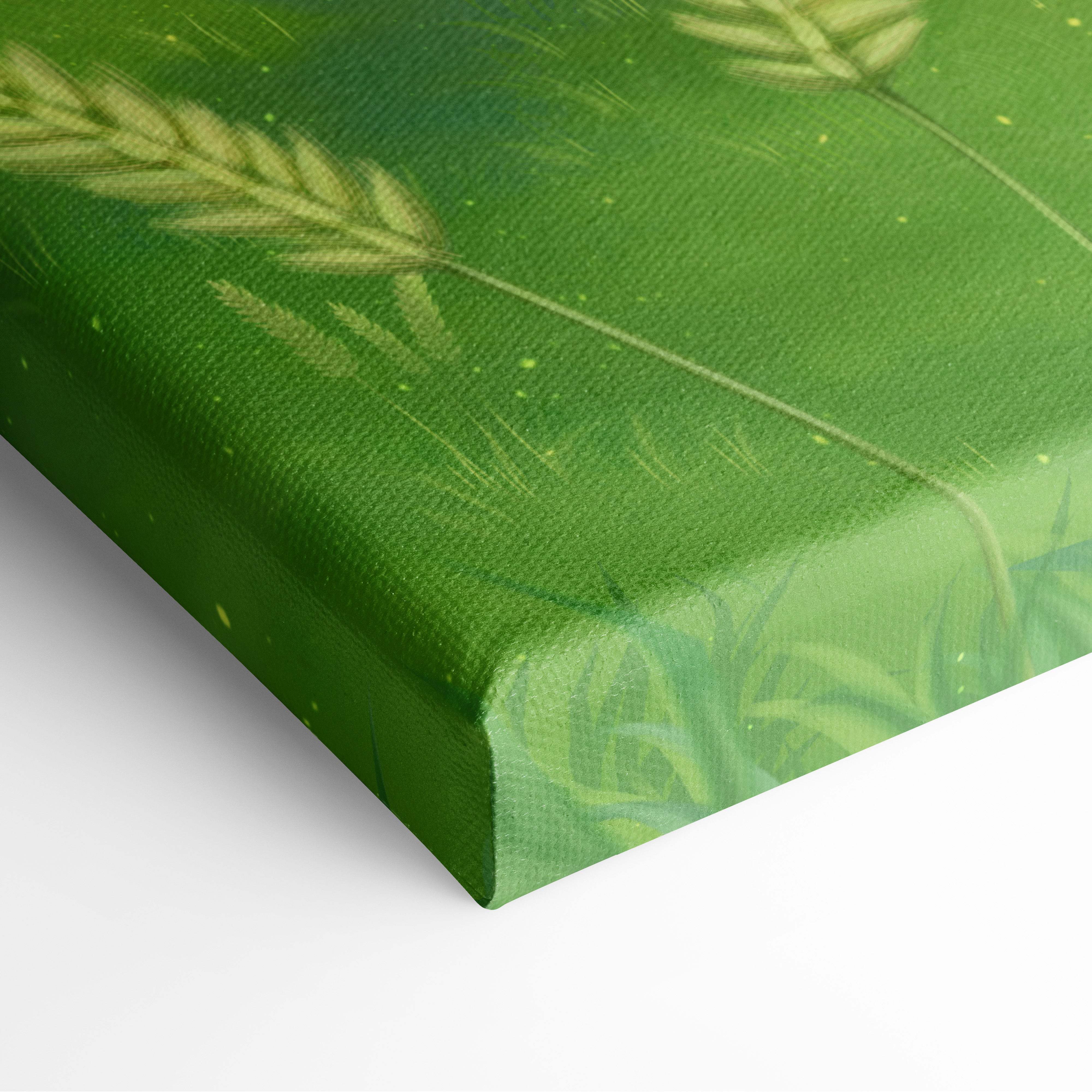 Green canvas print featuring painted wheat stalks in lighter green and yellow tones for peaceful bedroom decor