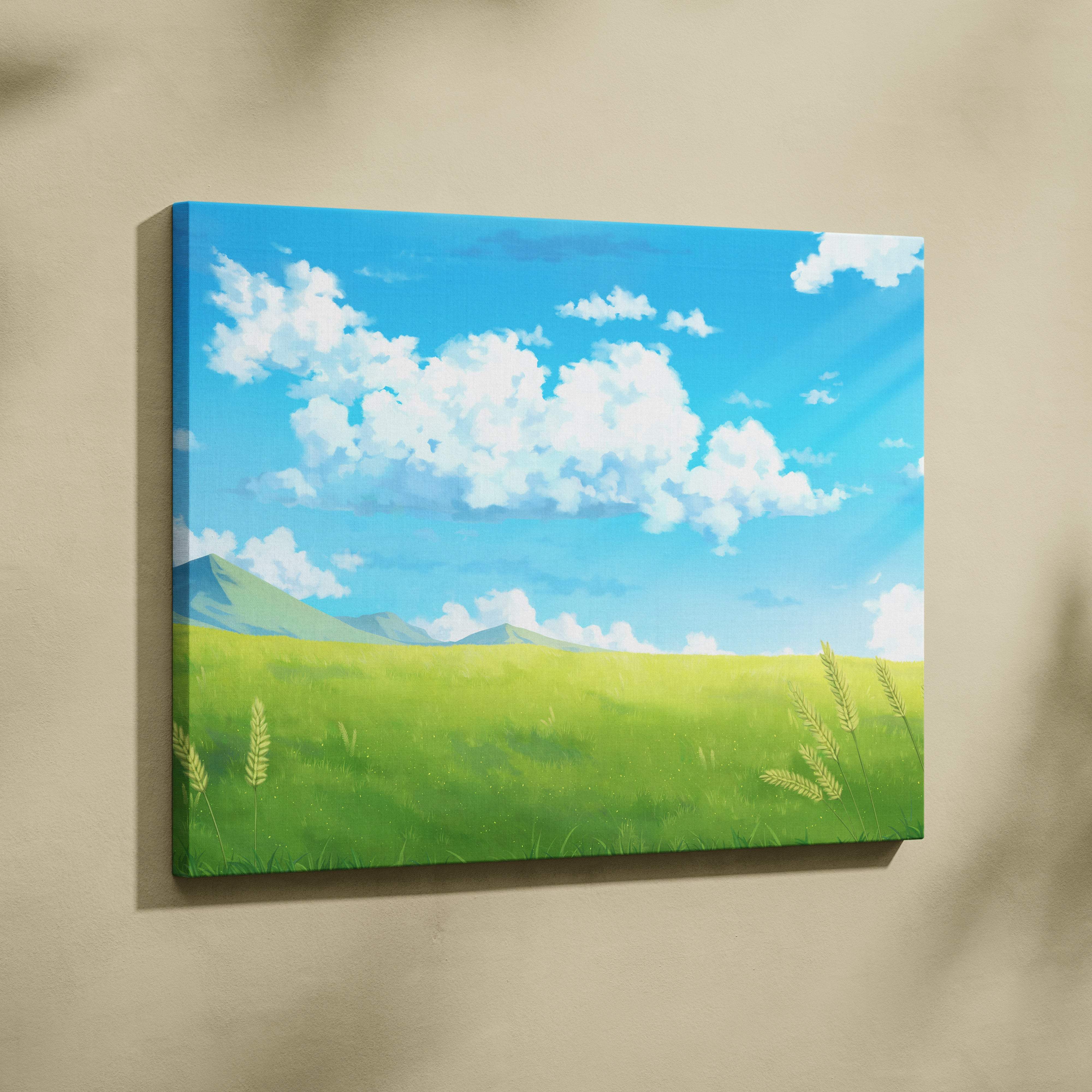 A vibrant canvas wall art print featuring a sunny green meadow with blue sky anime landscape for peaceful interiors
