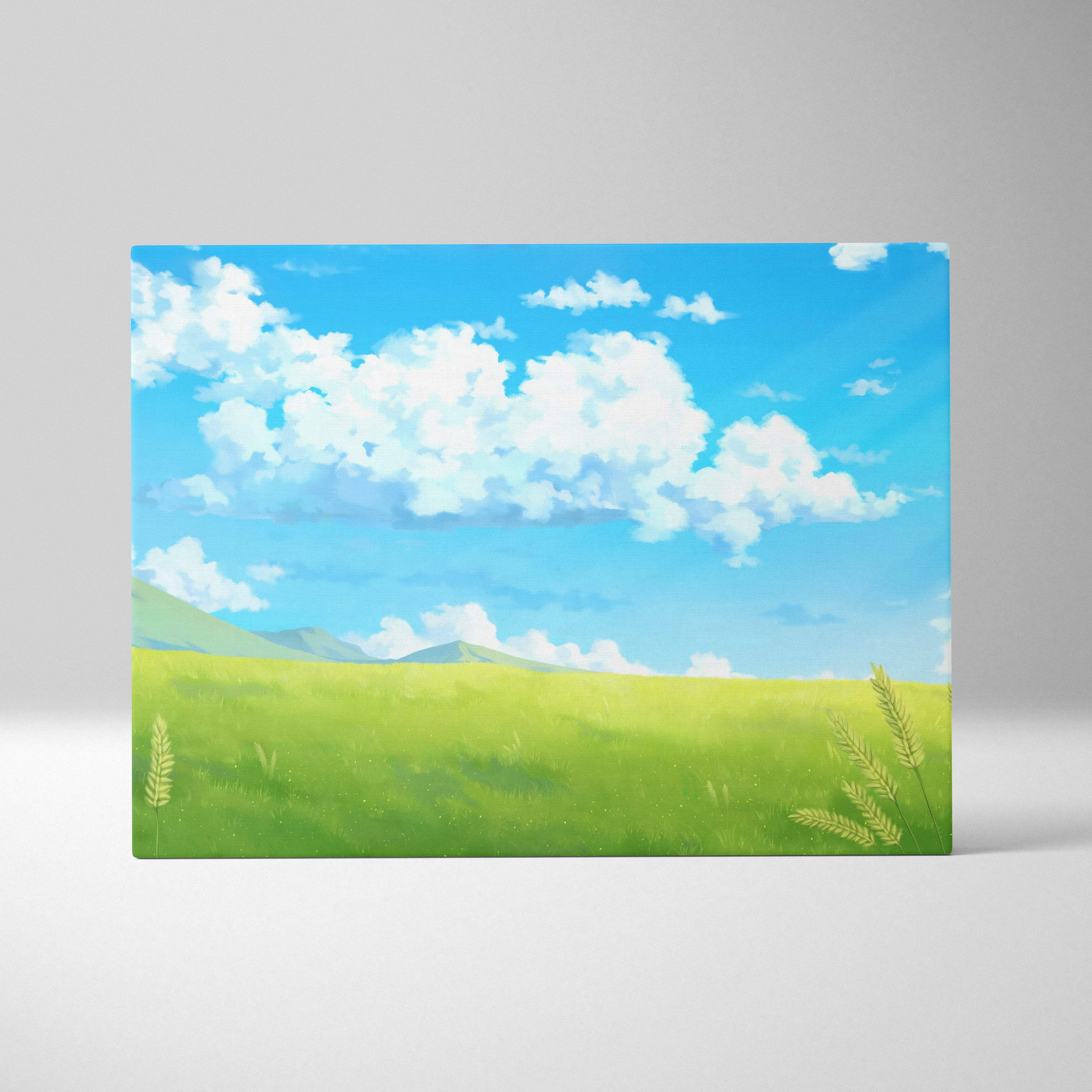 Rectangular canvas print of a blue sky anime landscape with golden wheat and green meadow for peaceful bedroom decor