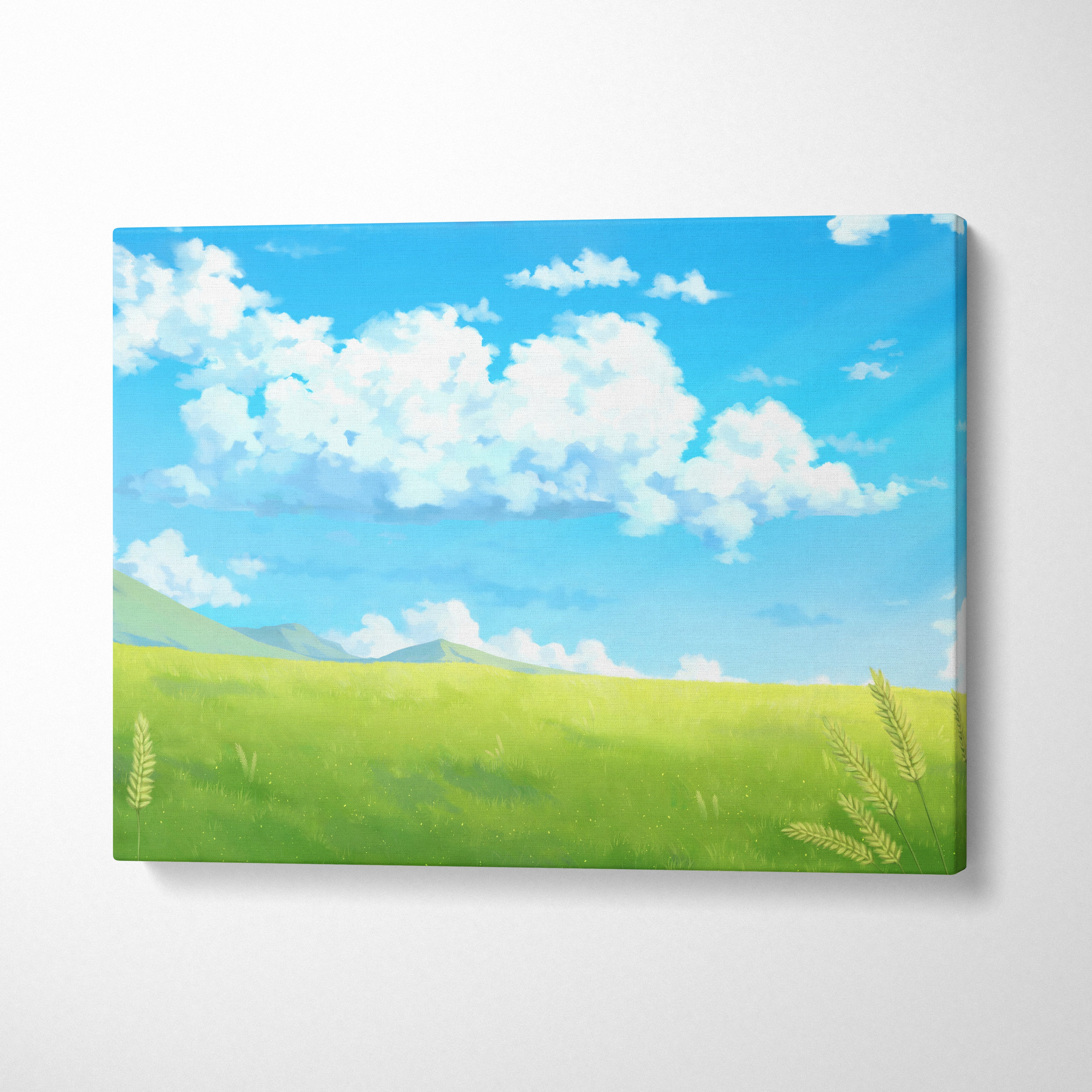 Rectangular canvas print of a vibrant cartoon-style landscape with green hills and a blue sky for bedroom decor