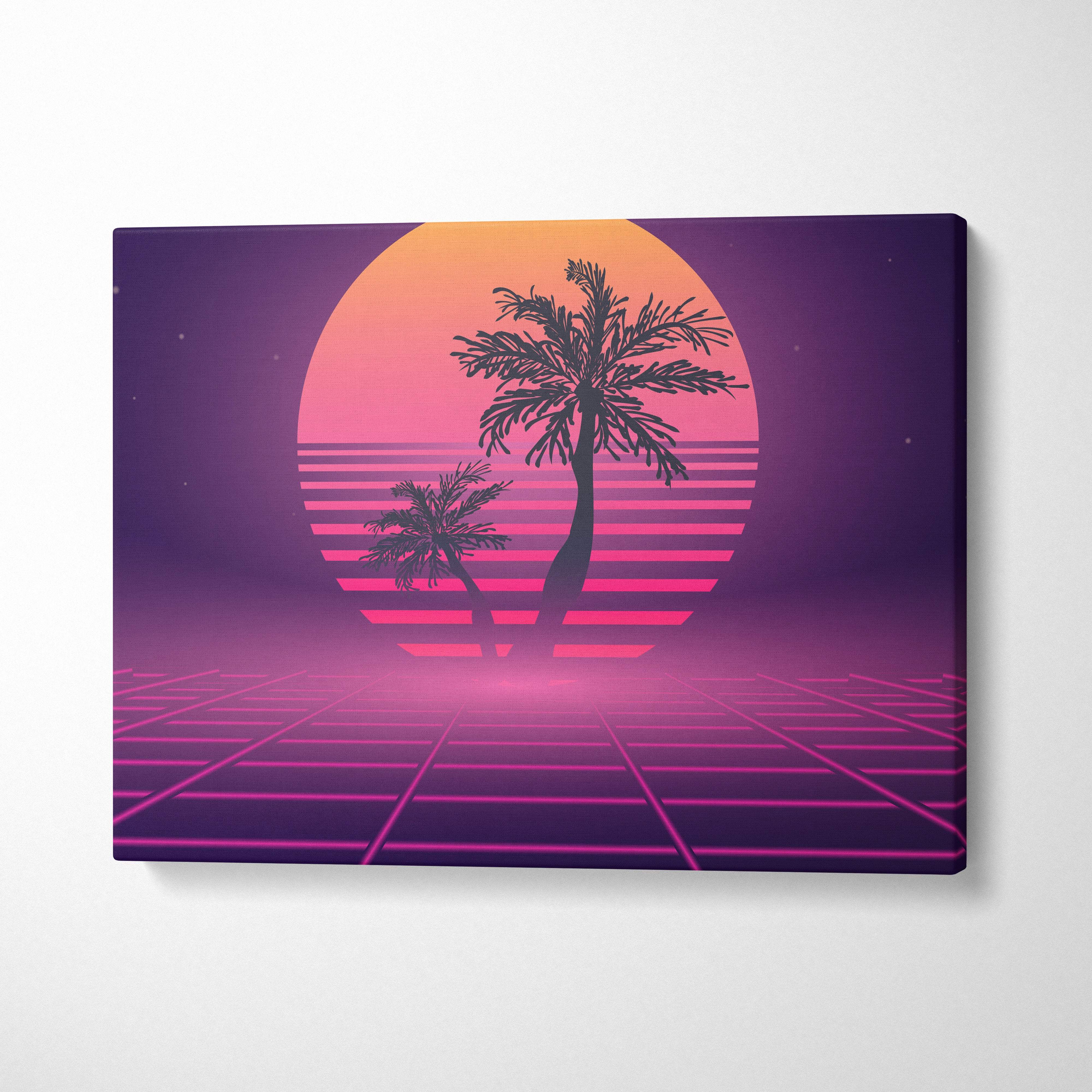Retrowave palm tree grid canvas art print with neon 80s glow featuring silhouetted palms and pink purple sunset design