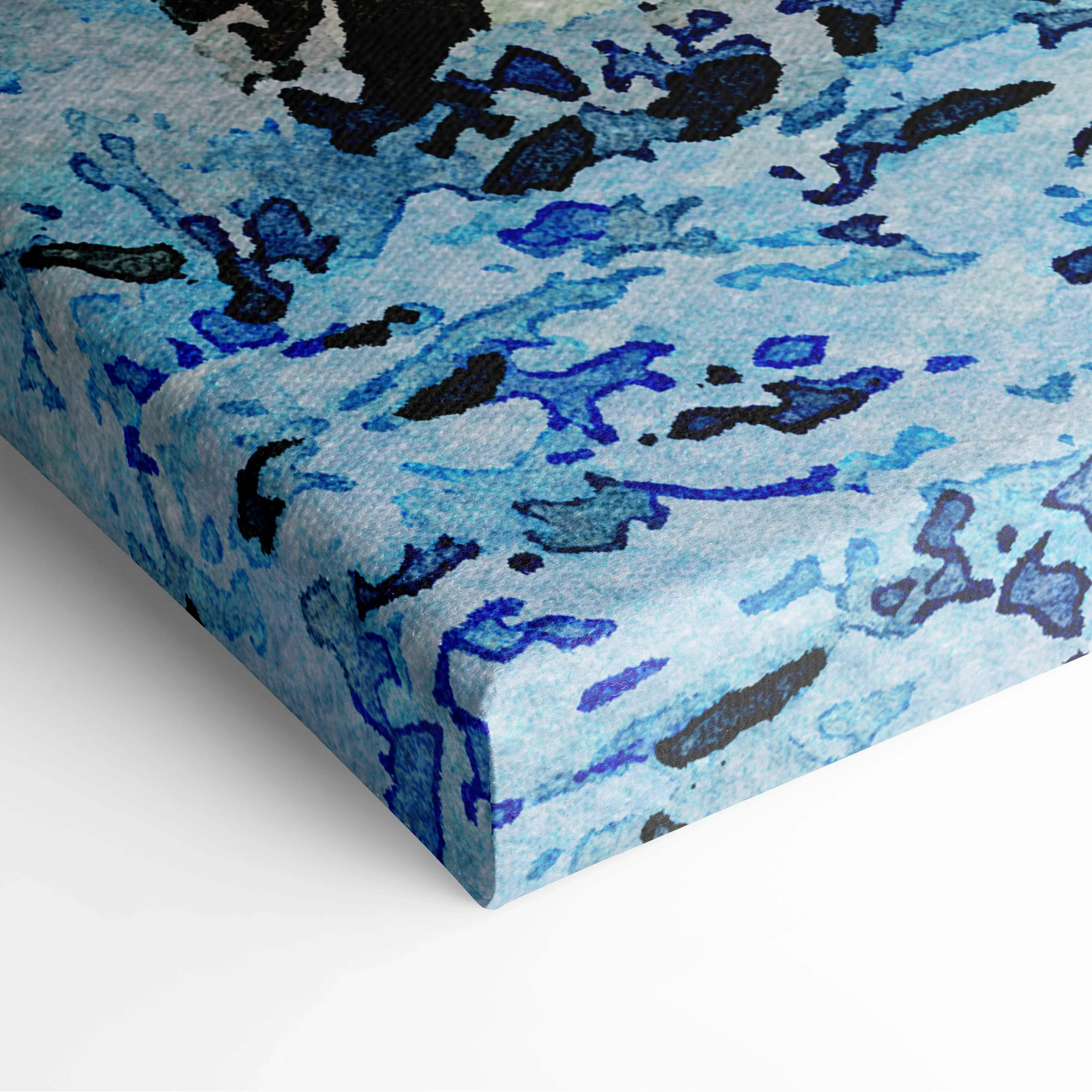Watercolor snowy forest canvas wall art in cool blue tones with frosted trees