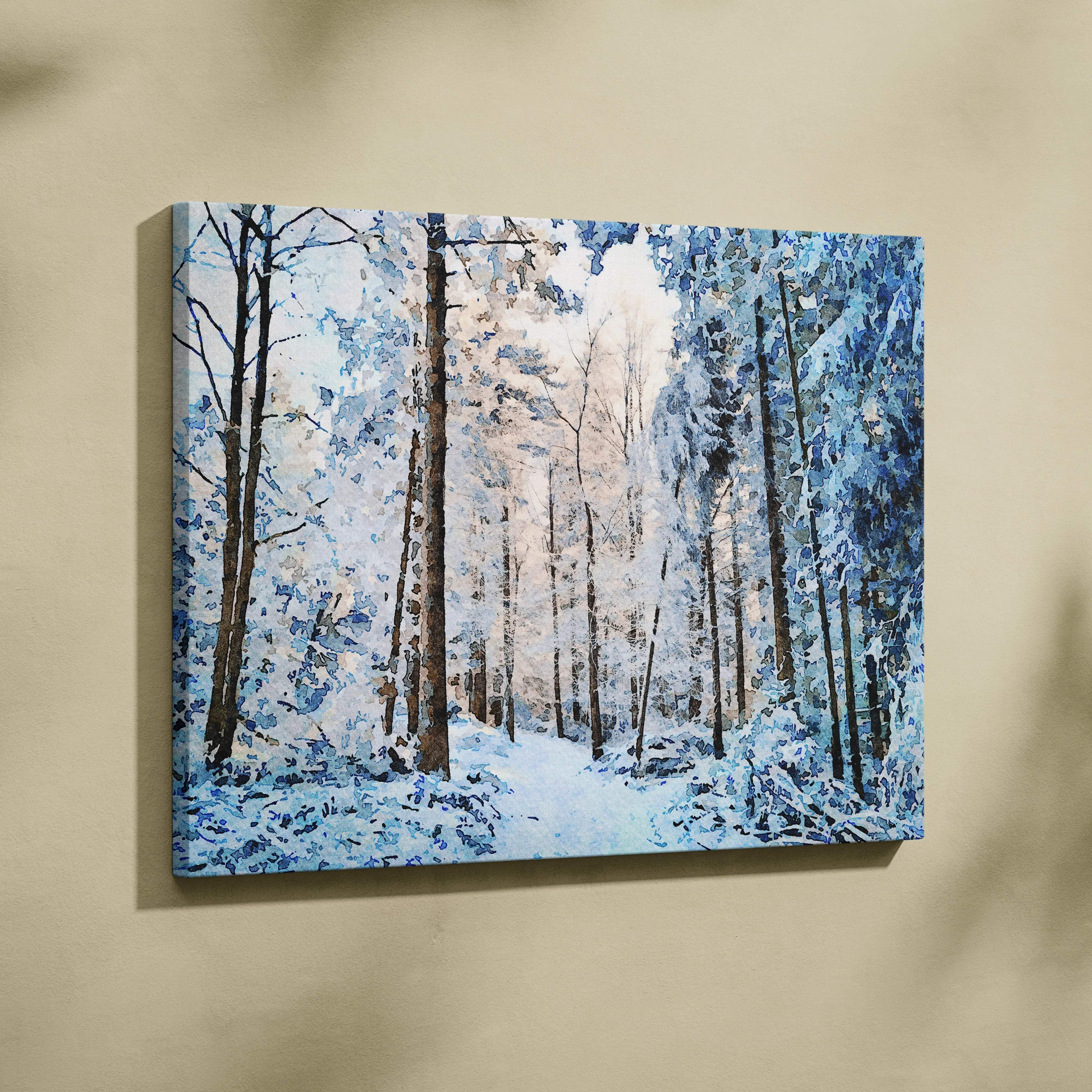 Watercolor snowy forest canvas wall art in cool blue tones with frosted trees