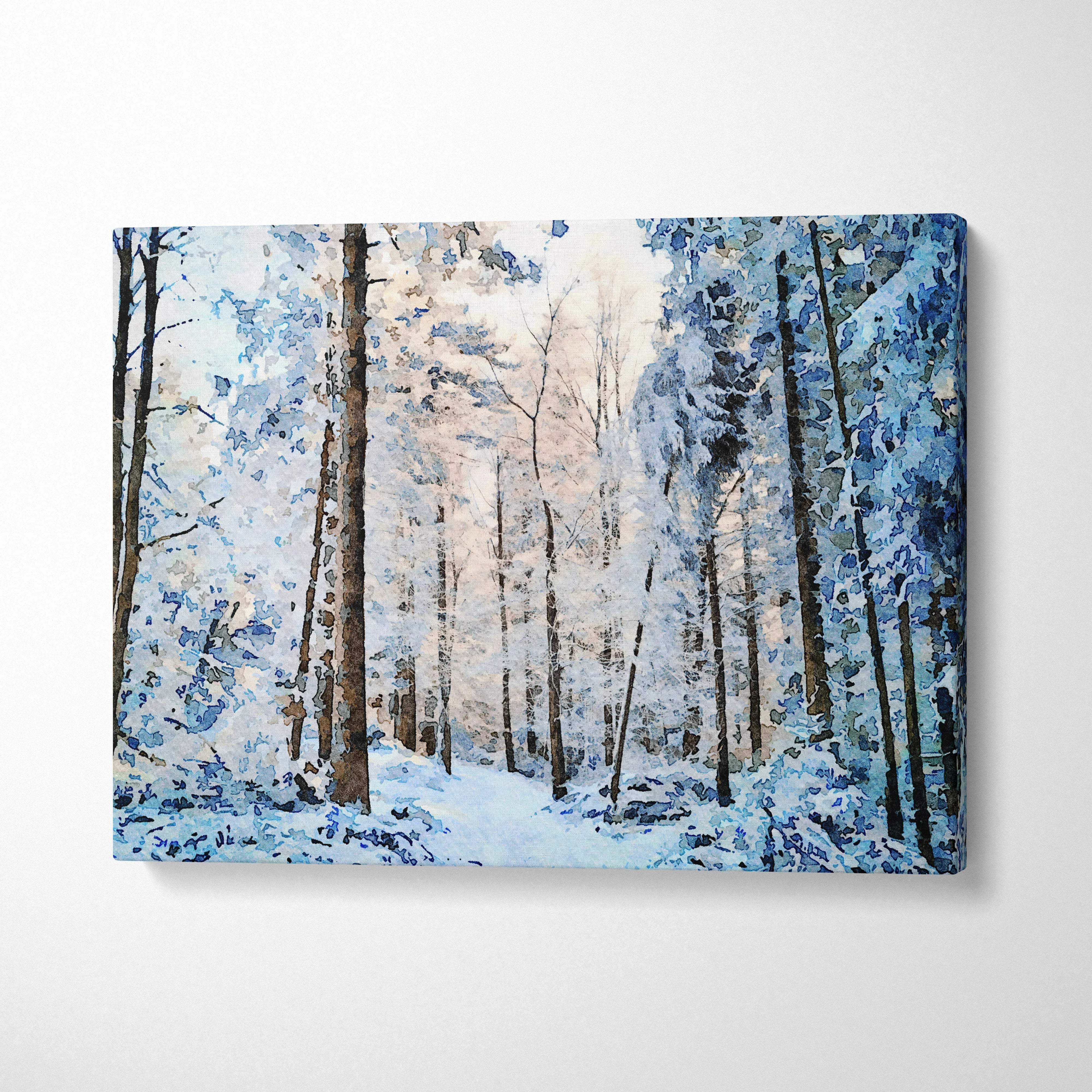 Watercolor snowy forest canvas wall art in cool blue tones with frosted trees