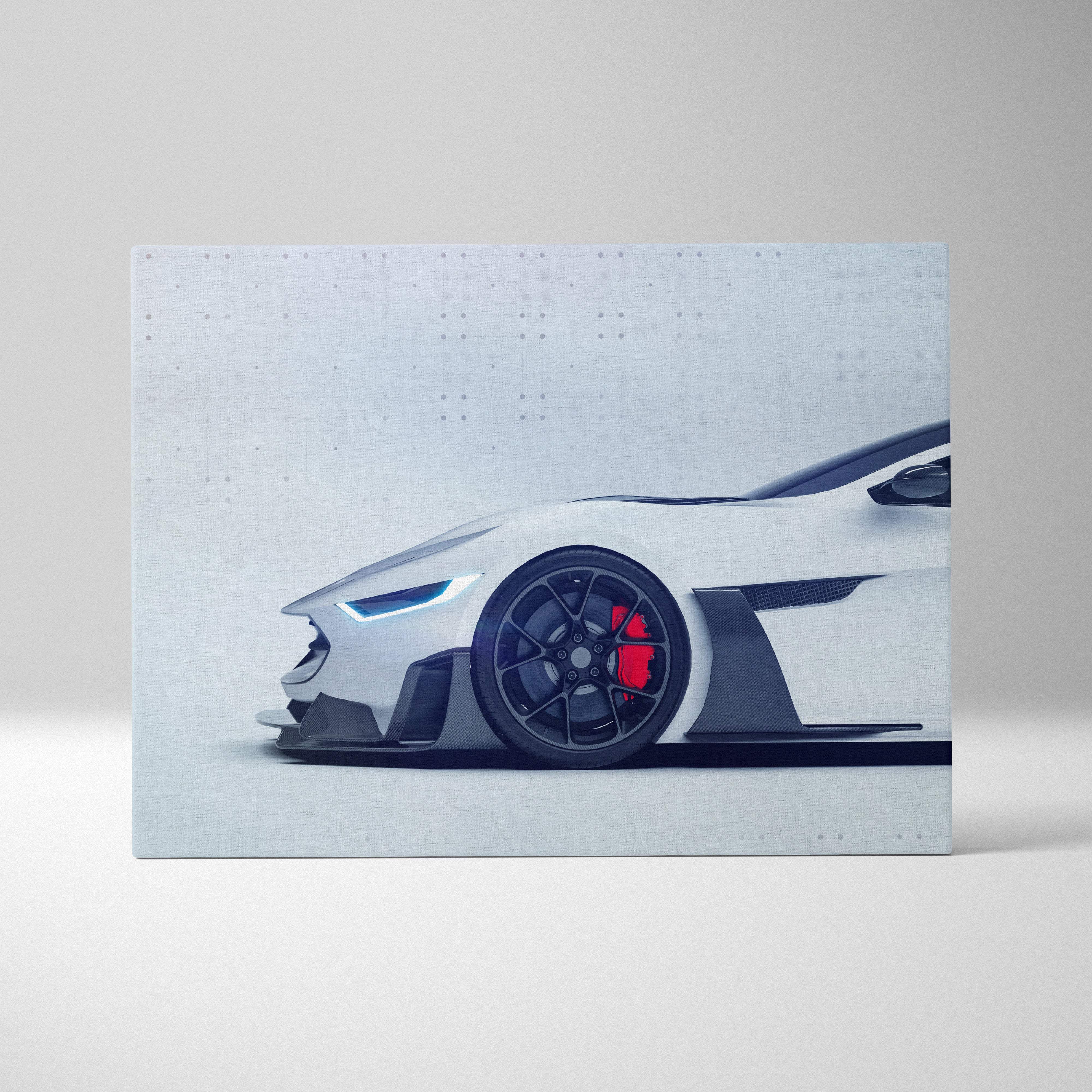 White futuristic supercar canvas wall art print featuring glowing blue headlights red brake calipers in sleek design