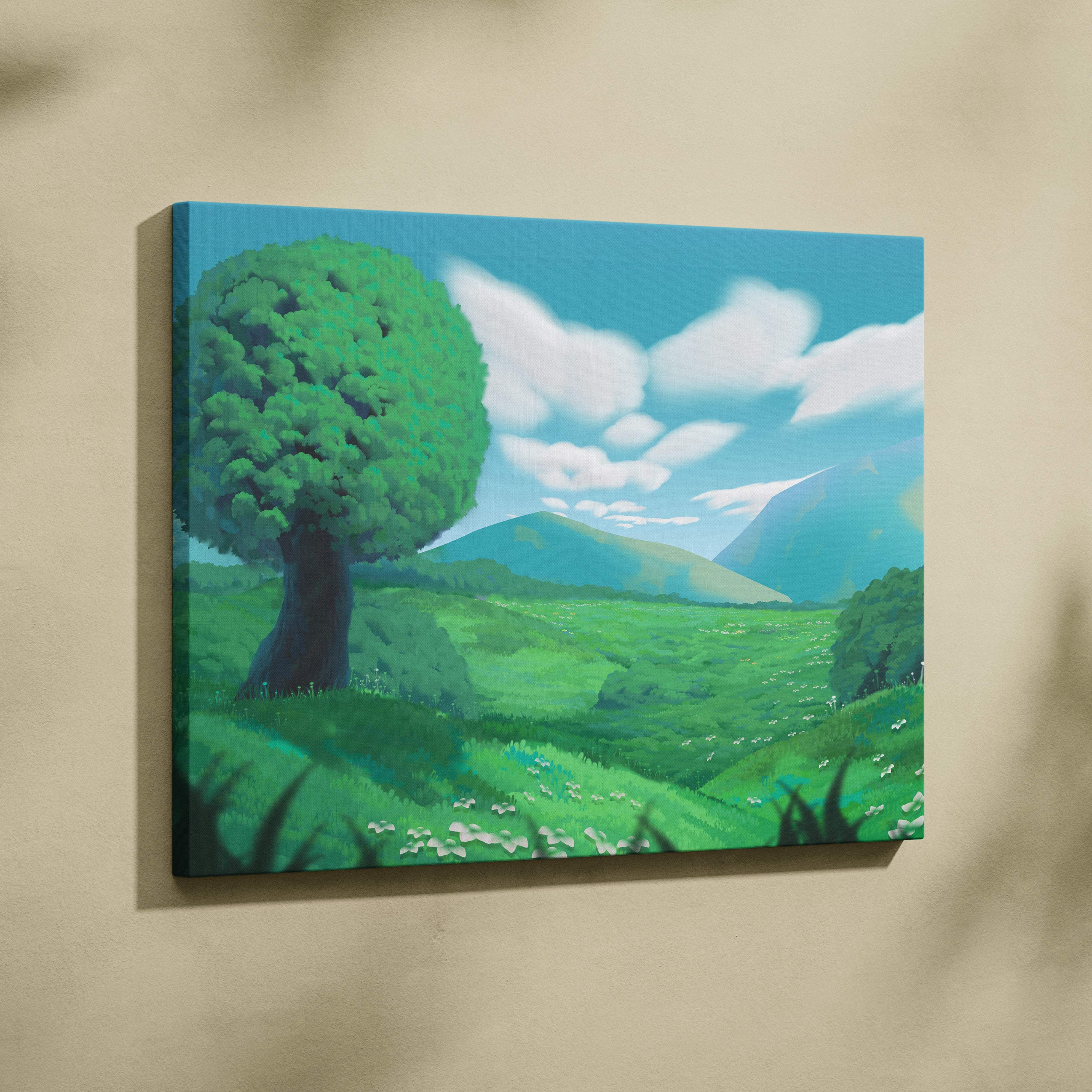 A vibrant green canvas wall art print featuring a stylized tree in a blue sky anime landscape for bedroom decor