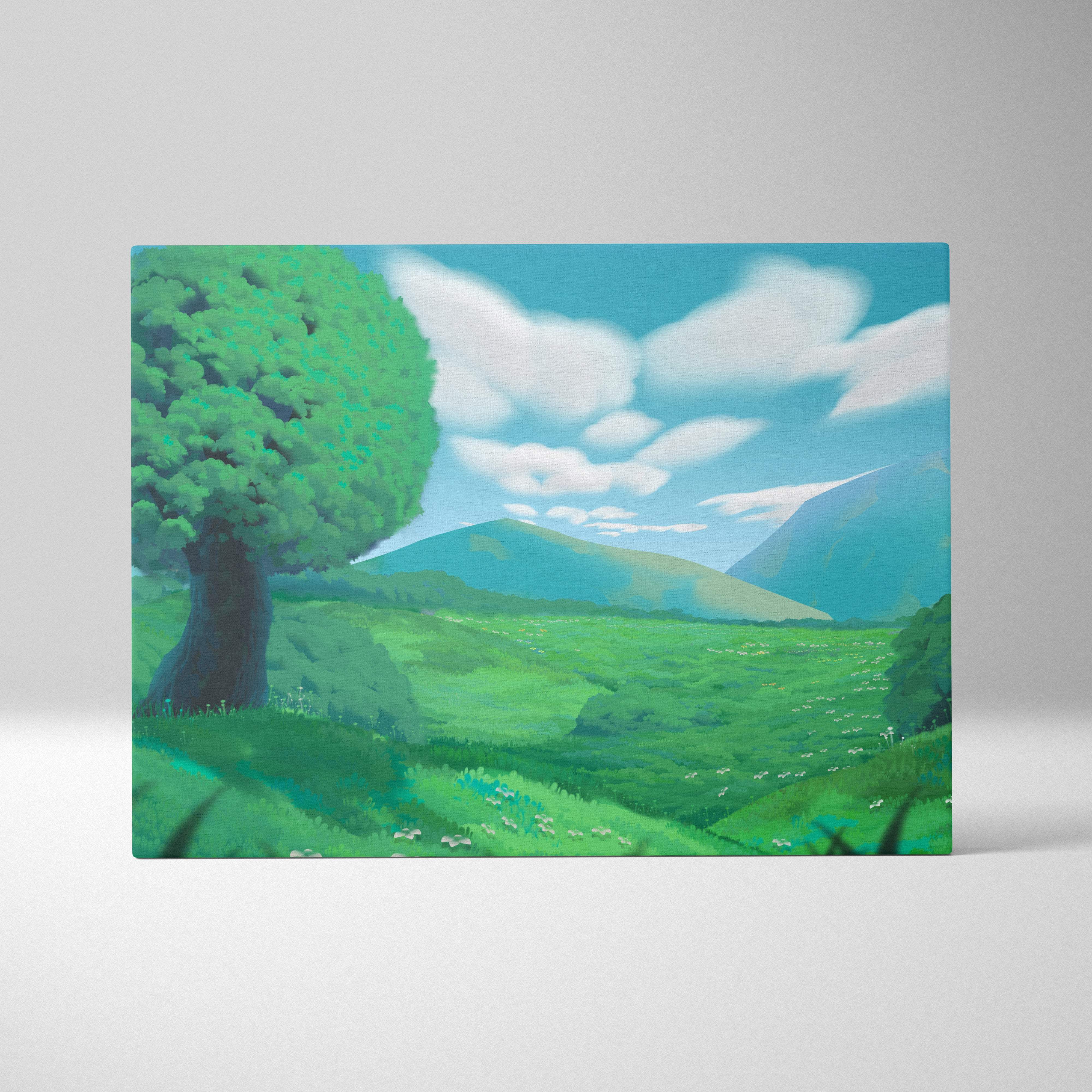 Rectangular canvas print of vibrant green meadow tree with blue sky mountains for peaceful bedroom or nursery decor