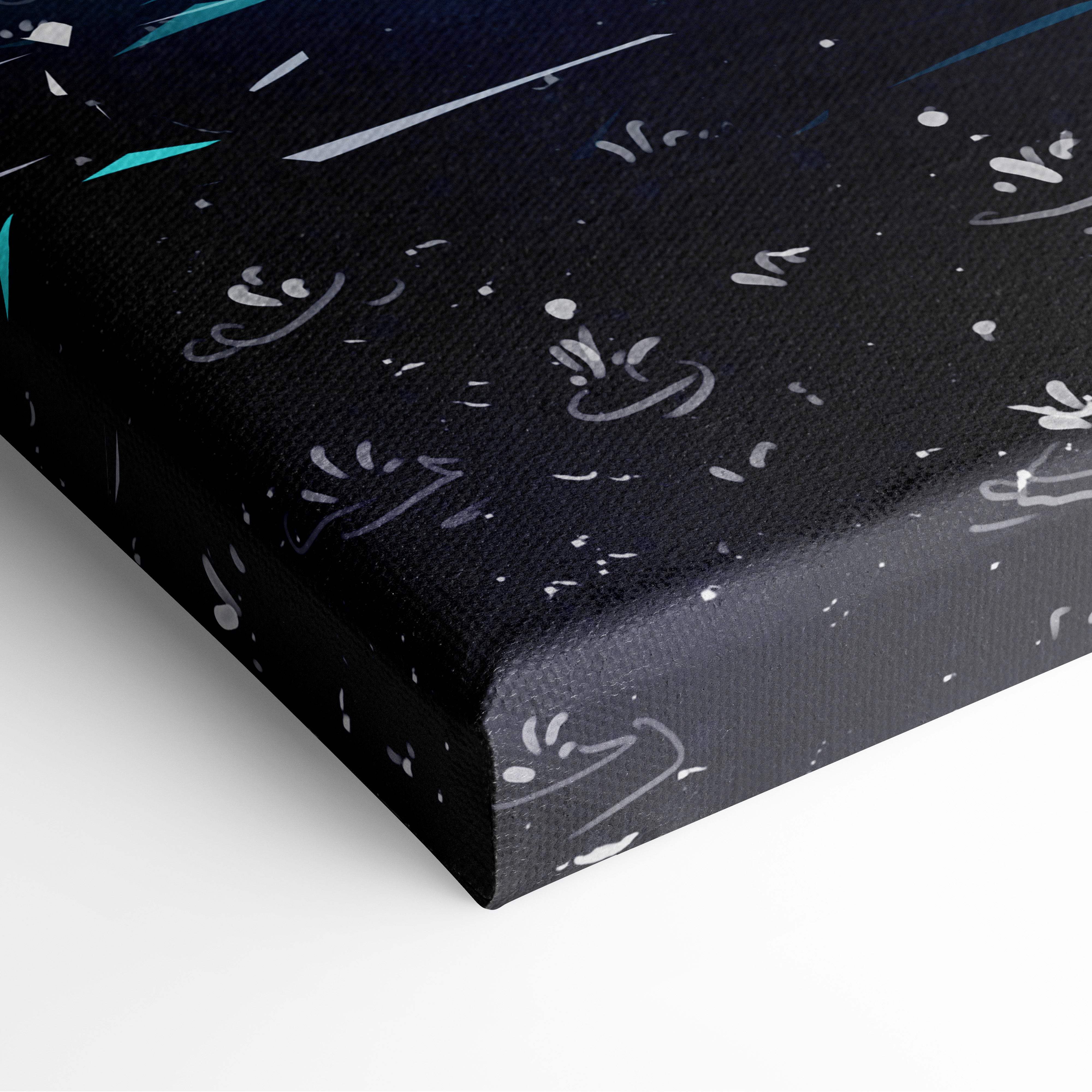 Black canvas print with abstract white and teal splatter patterns suitable for dreamy bedroom or cozy reading room decor