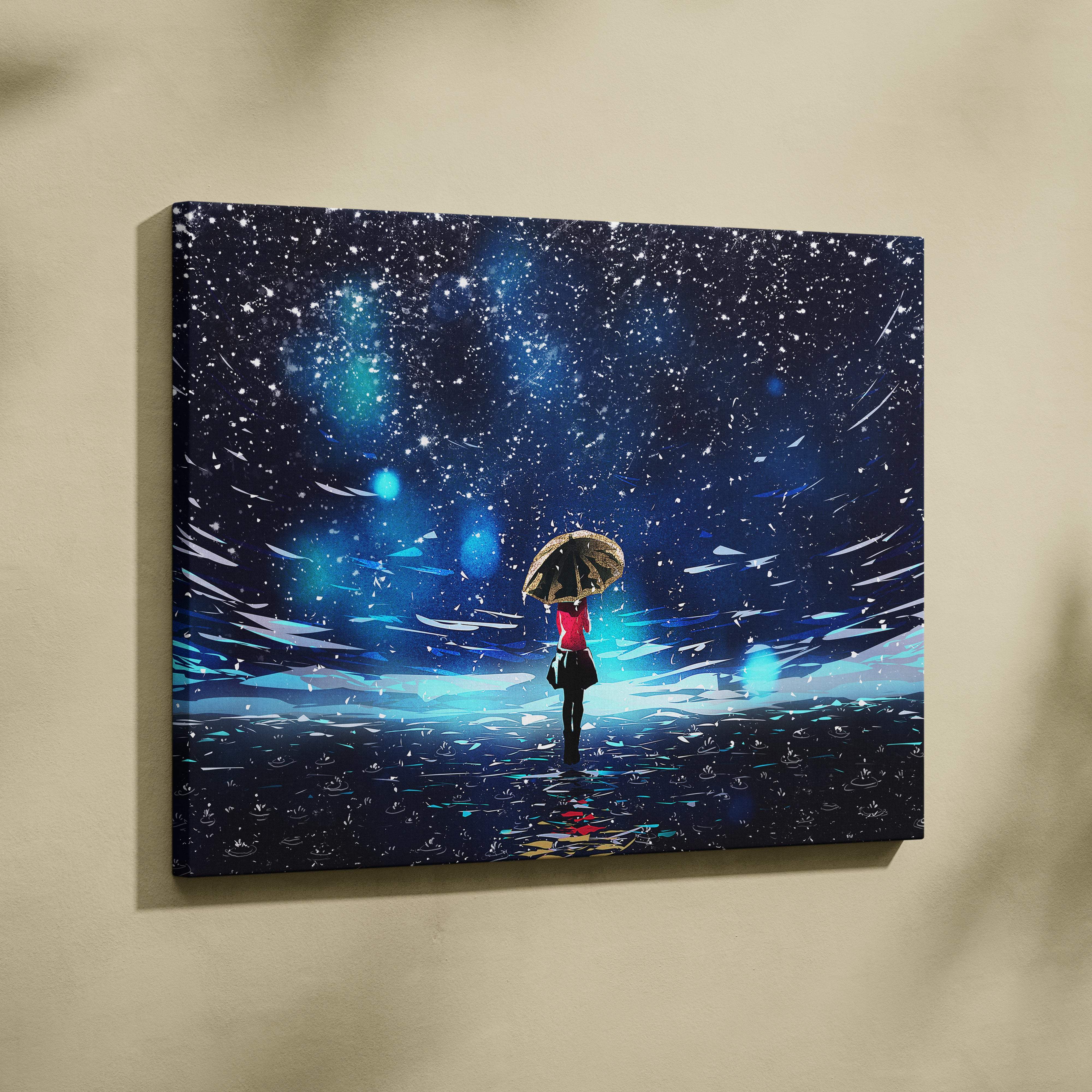 A rectangular canvas wall art print featuring a girl in red holding an umbrella under a blue starry cosmic sky