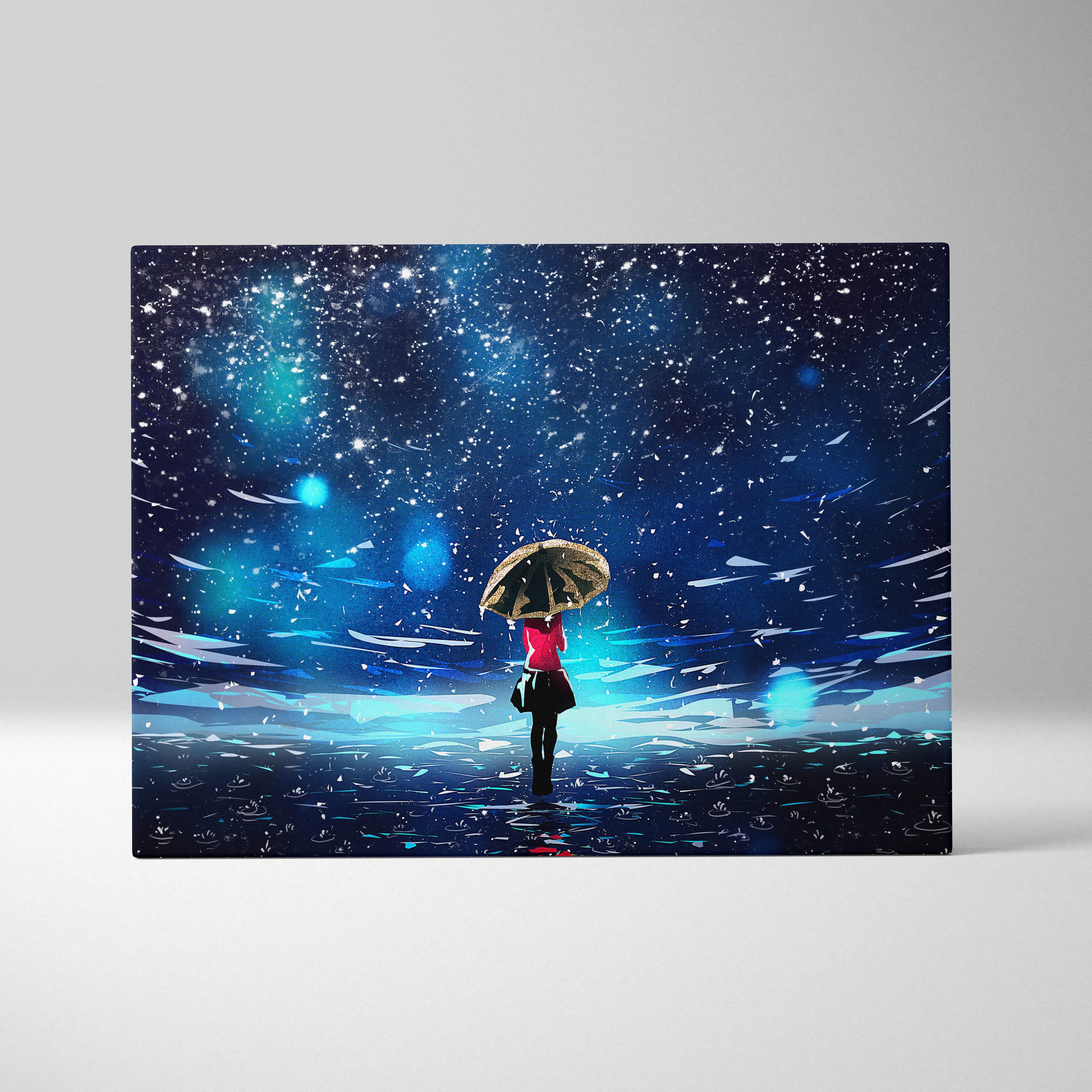 Snowy night girl canvas wall art print featuring a stylized figure with a blue starry umbrella in a cosmic sky