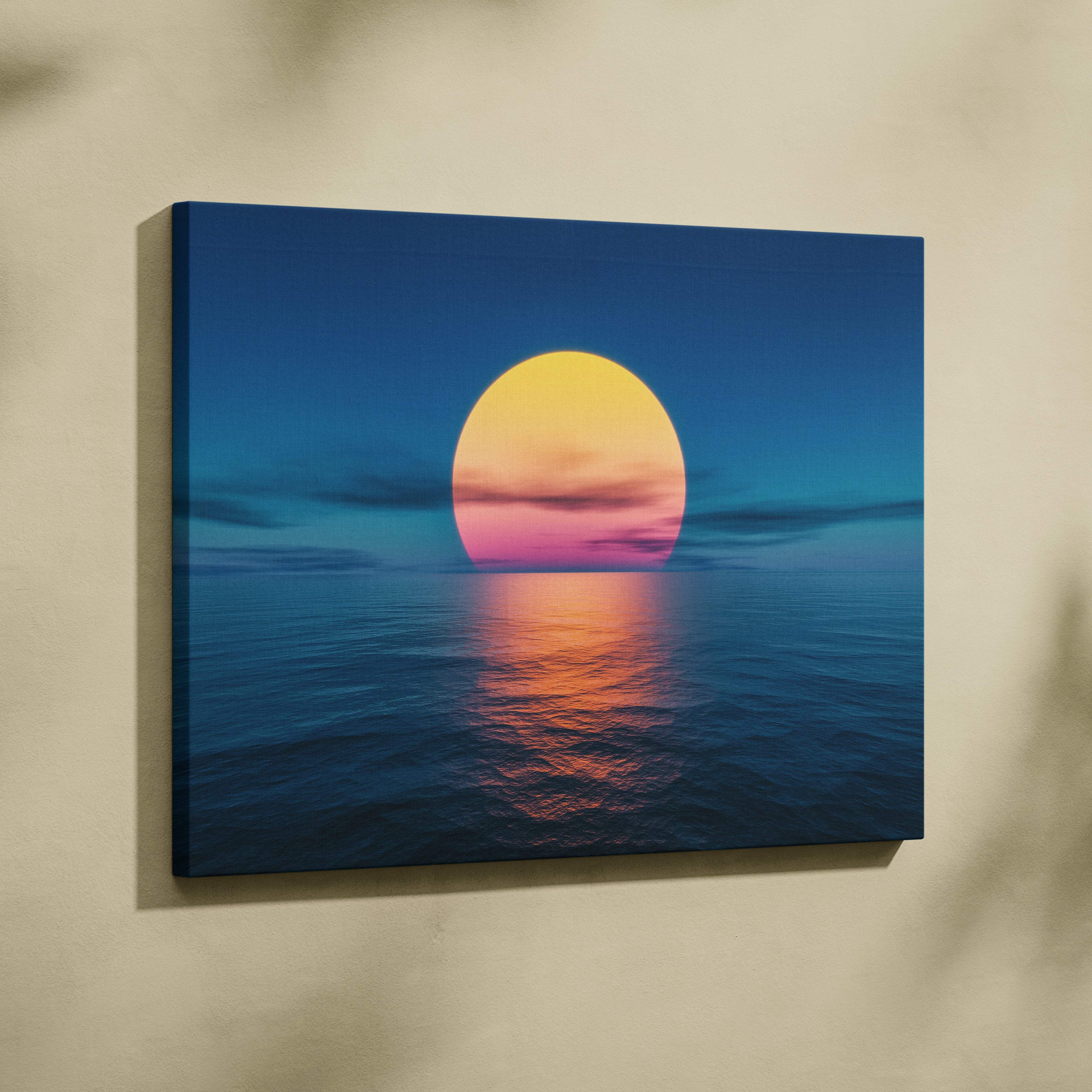 Minimalist ocean sunset canvas wall art print with a glowing yellow-orange sun and blue pink seascape for modern decor