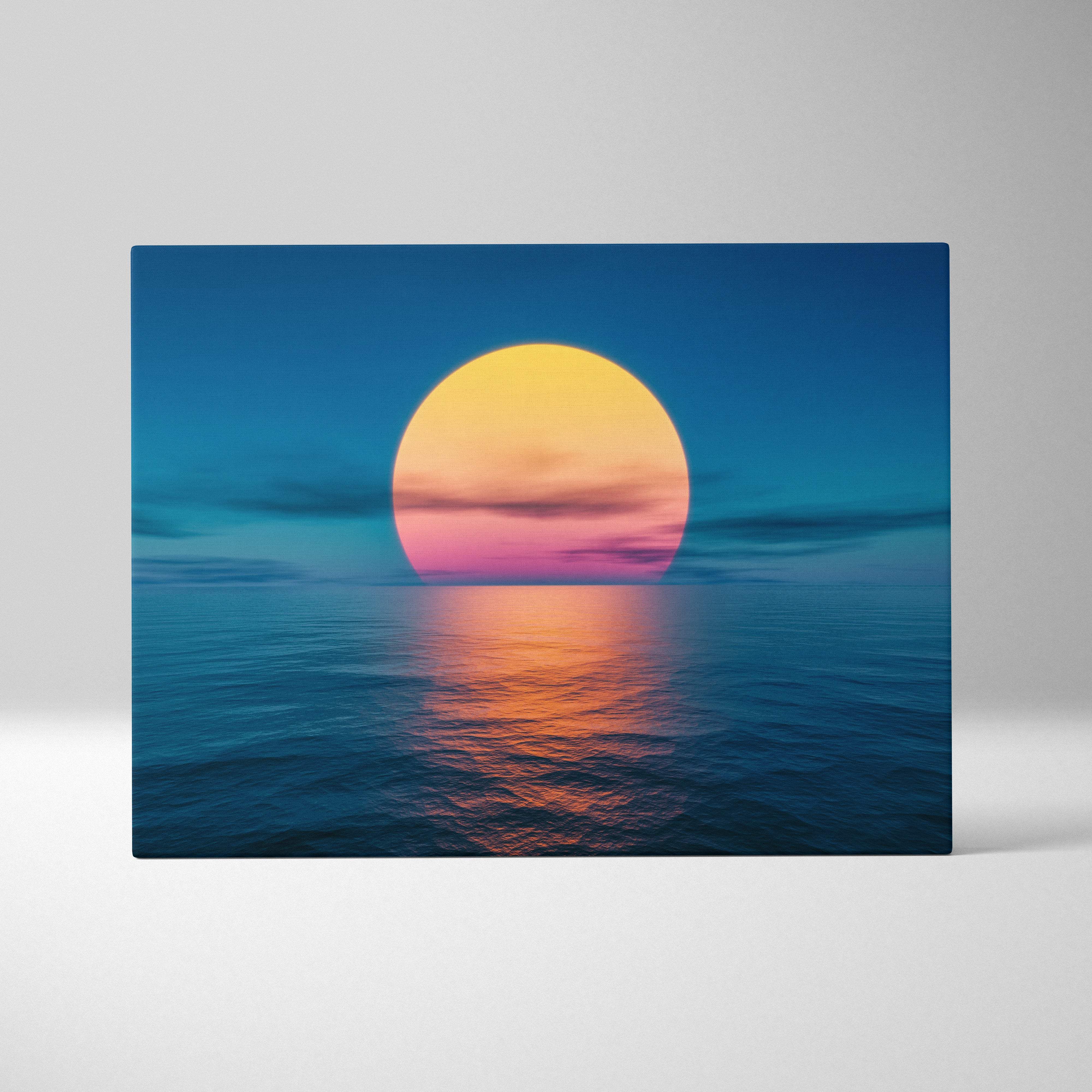 Minimalist ocean sunset canvas wall art print featuring a vibrant yellow and pink sun over calm blue ocean waters