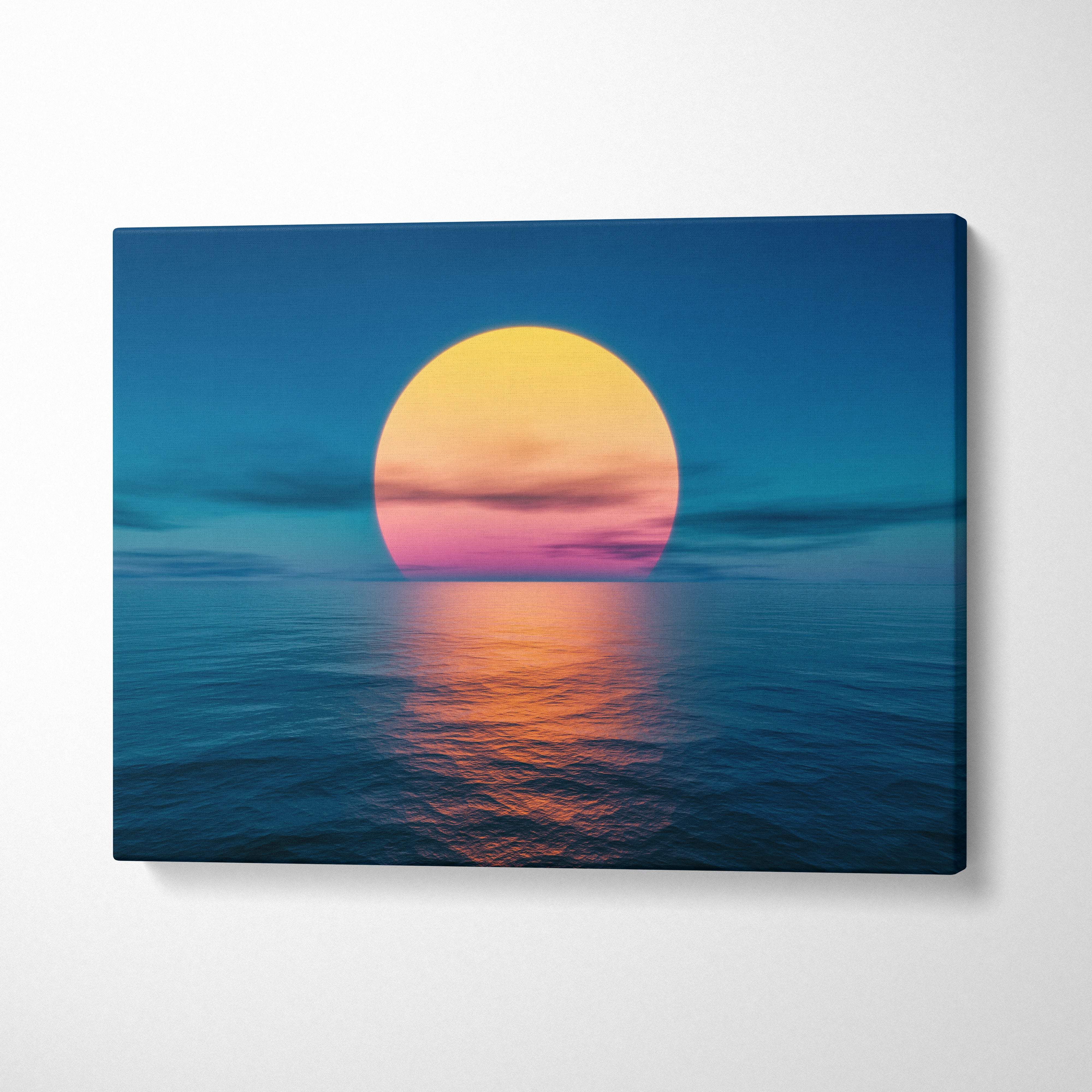 Minimalist ocean sunset canvas wall art print with vibrant yellow and pink sun reflecting on deep blue water