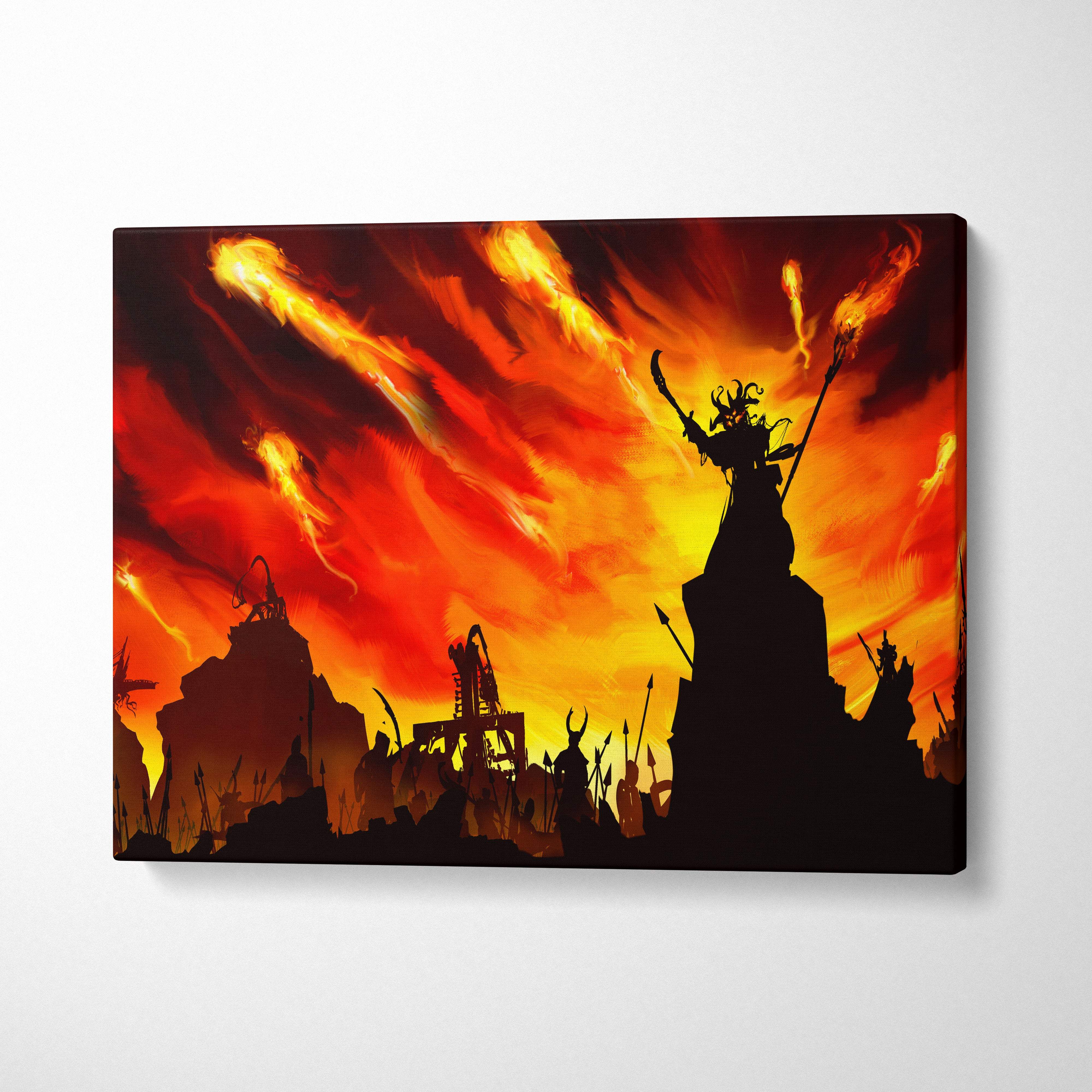 Canvas print of a dark silhouette warrior on a throne against fiery red sky with falling flames for gothic decor
