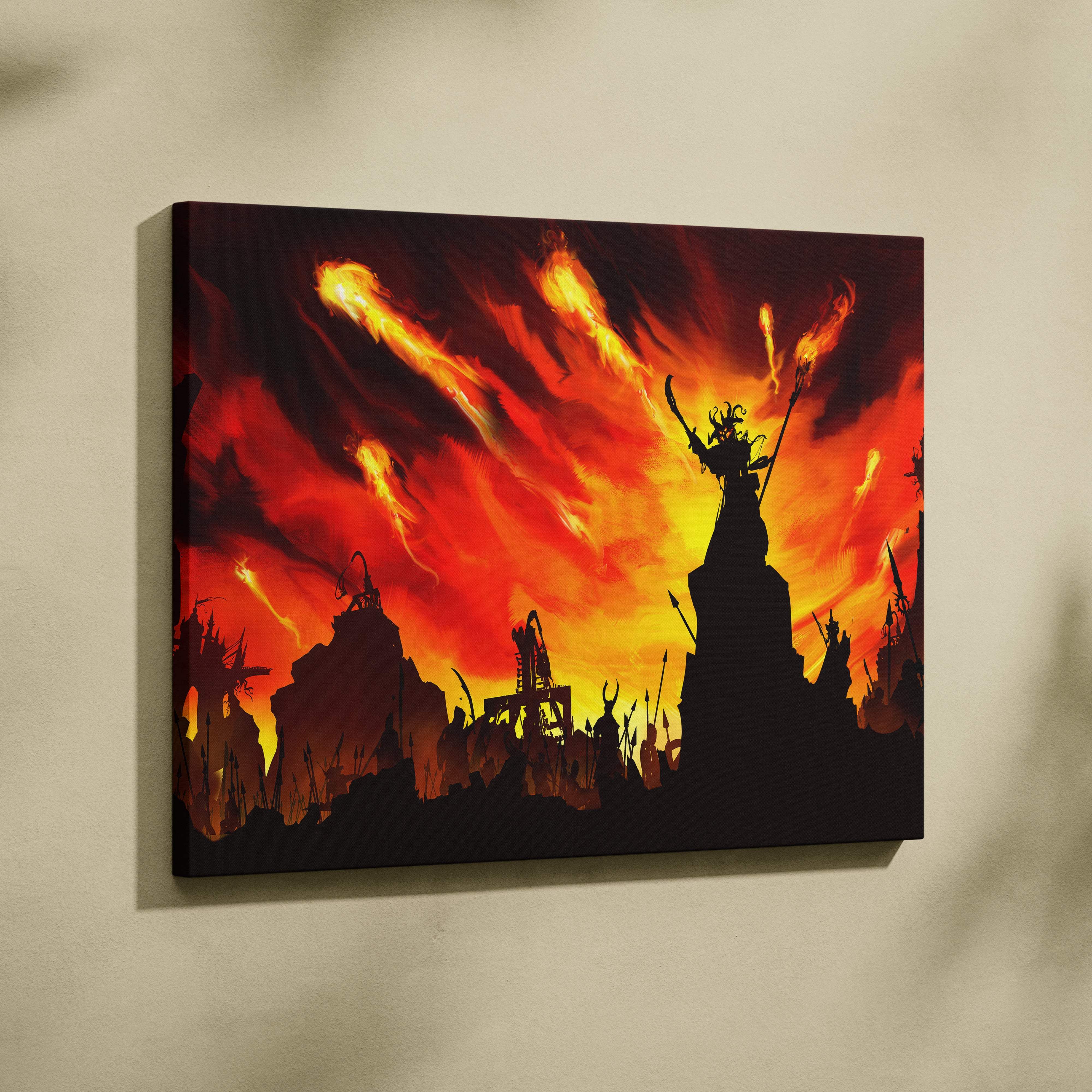 Apocalyptic firestorm war canvas wall art with vibrant red and orange fiery sky featuring a dark warrior silhouette