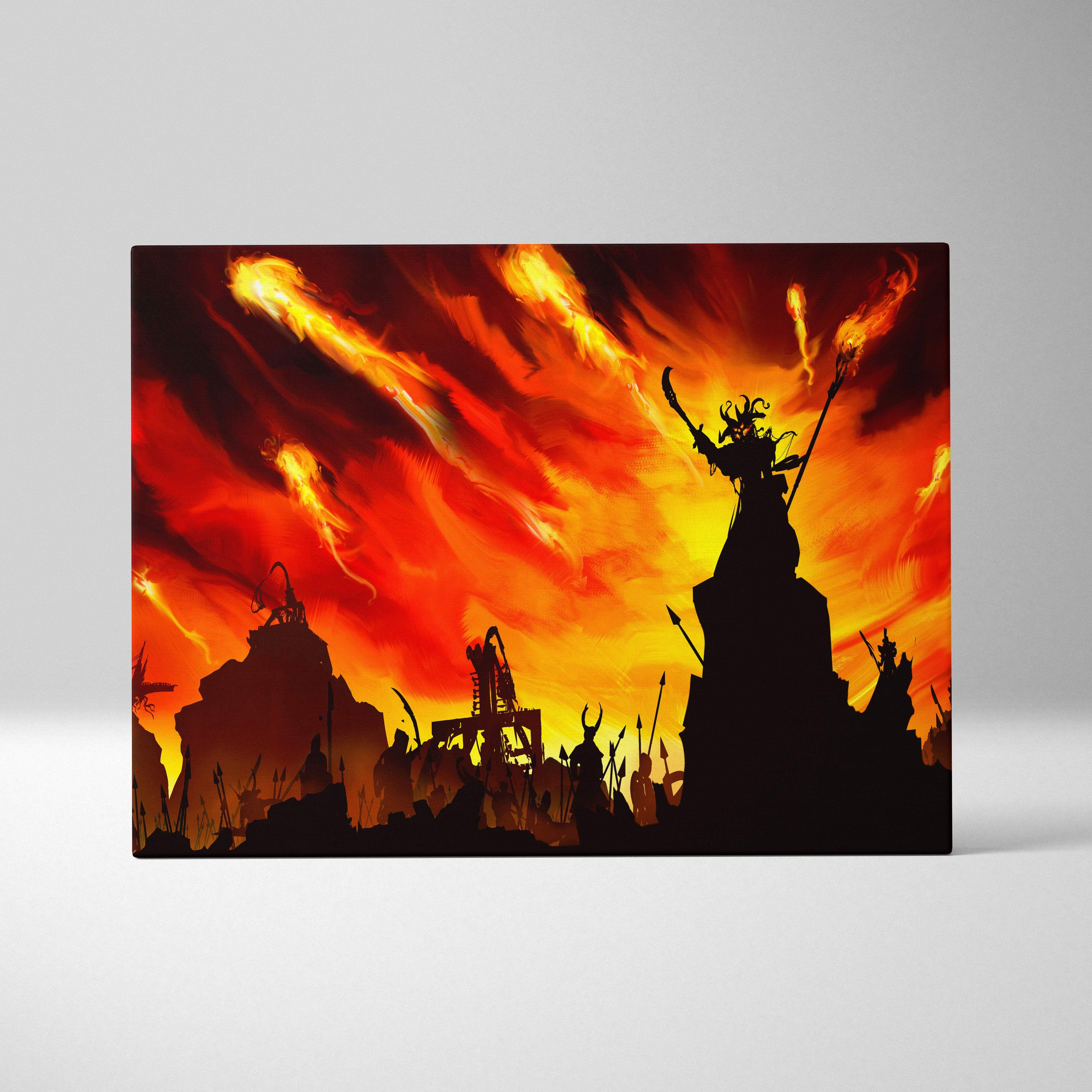 Apocalyptic firestorm war canvas wall art featuring a vibrant red and orange fiery sky with a dark warrior silhouette
