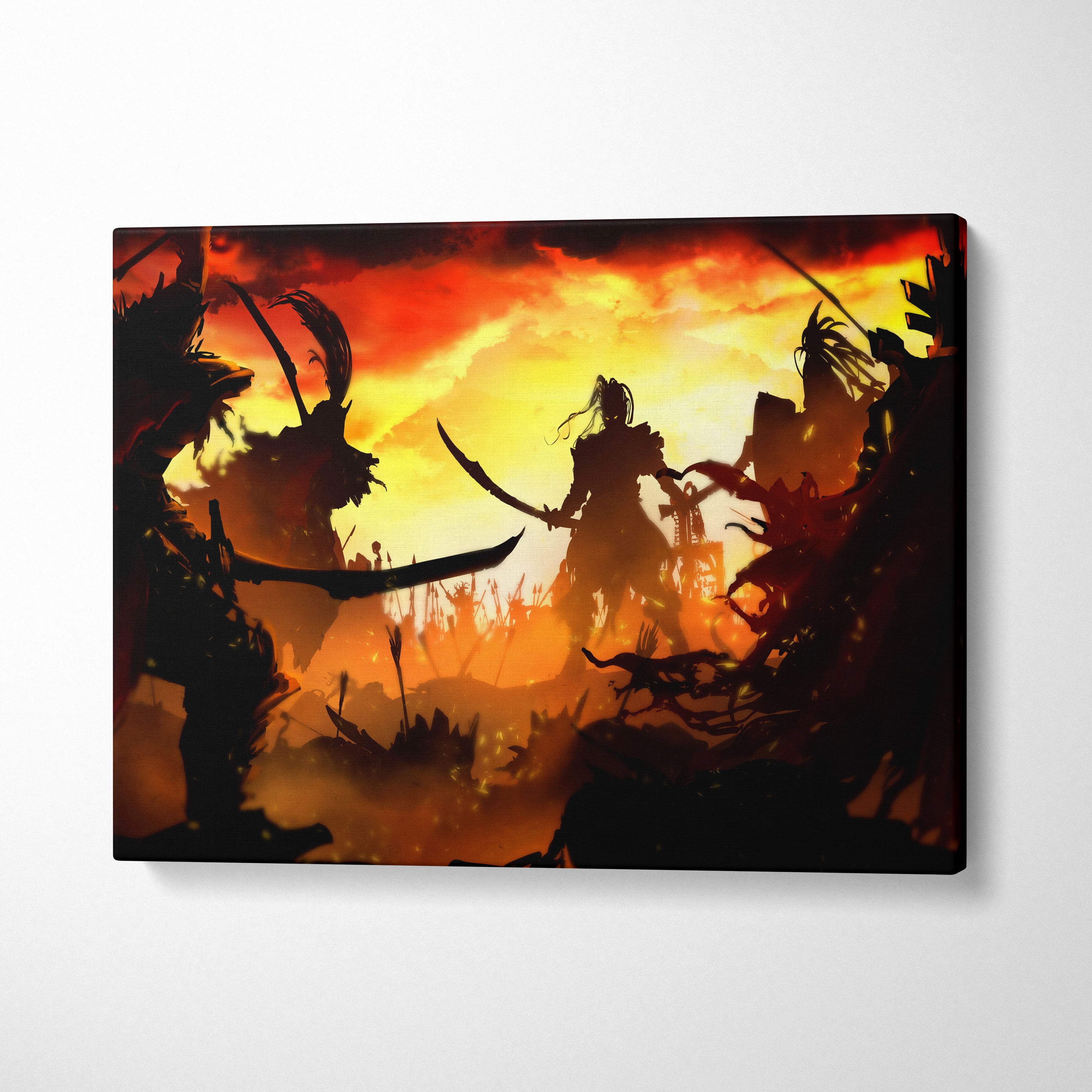 Canvas print of a dramatic samurai battlefield with dark warrior silhouettes against a fiery orange and red sunset sky