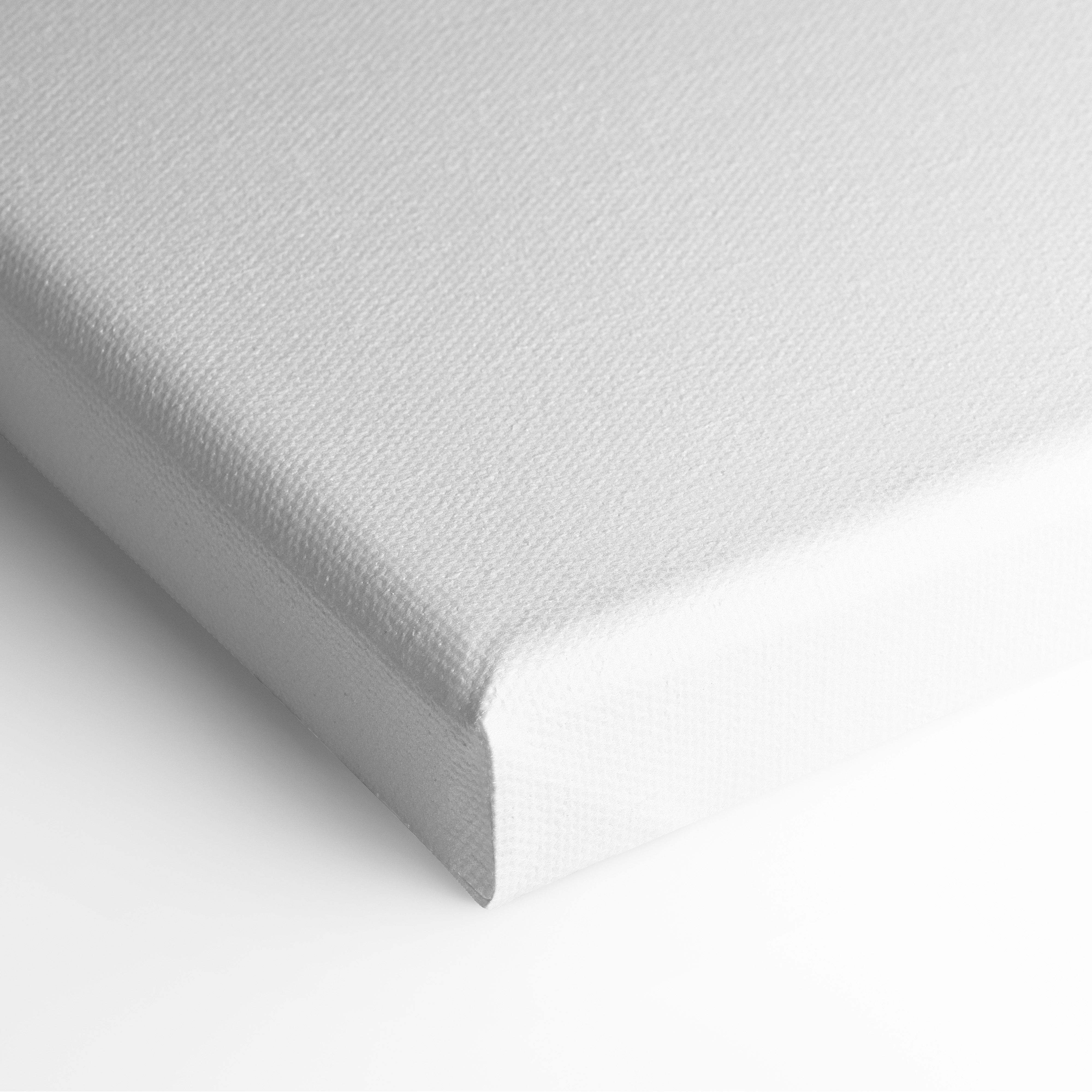 Minimalist abstract mountain canvas wall art print with a pristine white textured woven surface and sharp edges