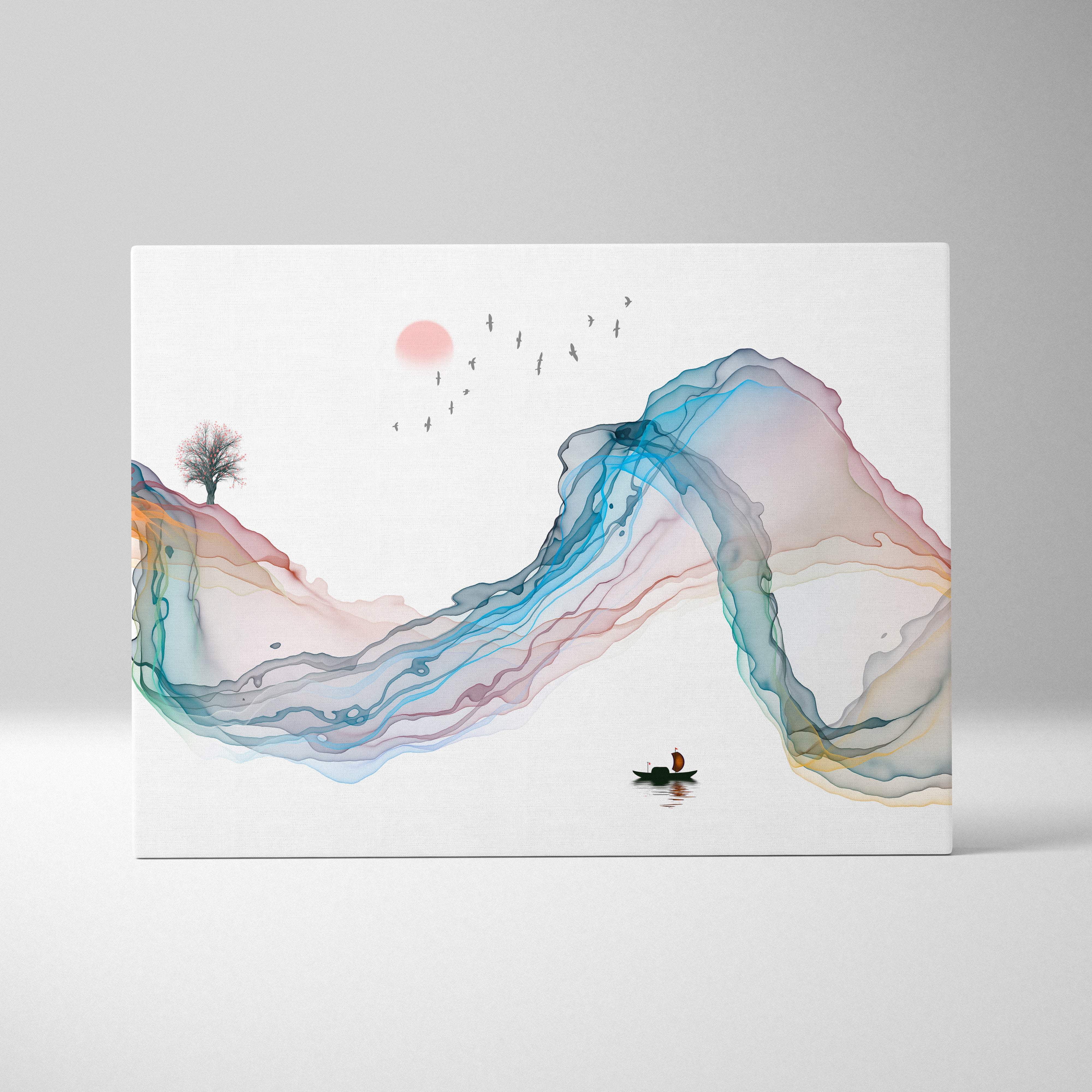 Minimalist abstract mountain canvas wall art print with blue orange ink landscape for calm japandi living room or zen bedroom